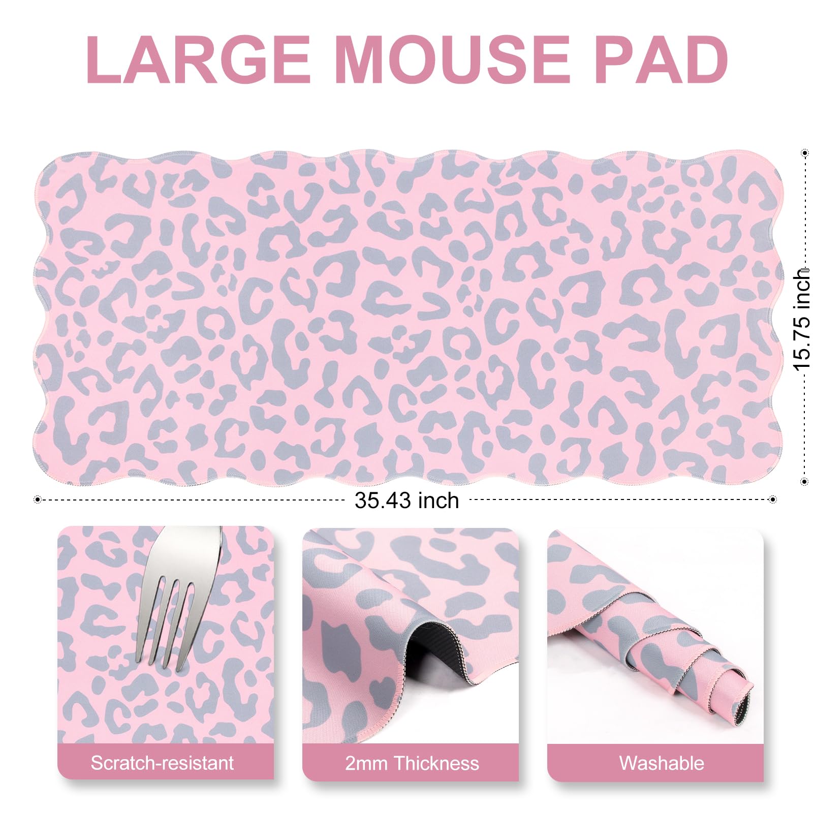 L-SPOUTTO Pink Leopard Mouse Pad,Scalloped Desk Mat XXL Large Cheetah Gaming Mousepad,35.4x15.7in