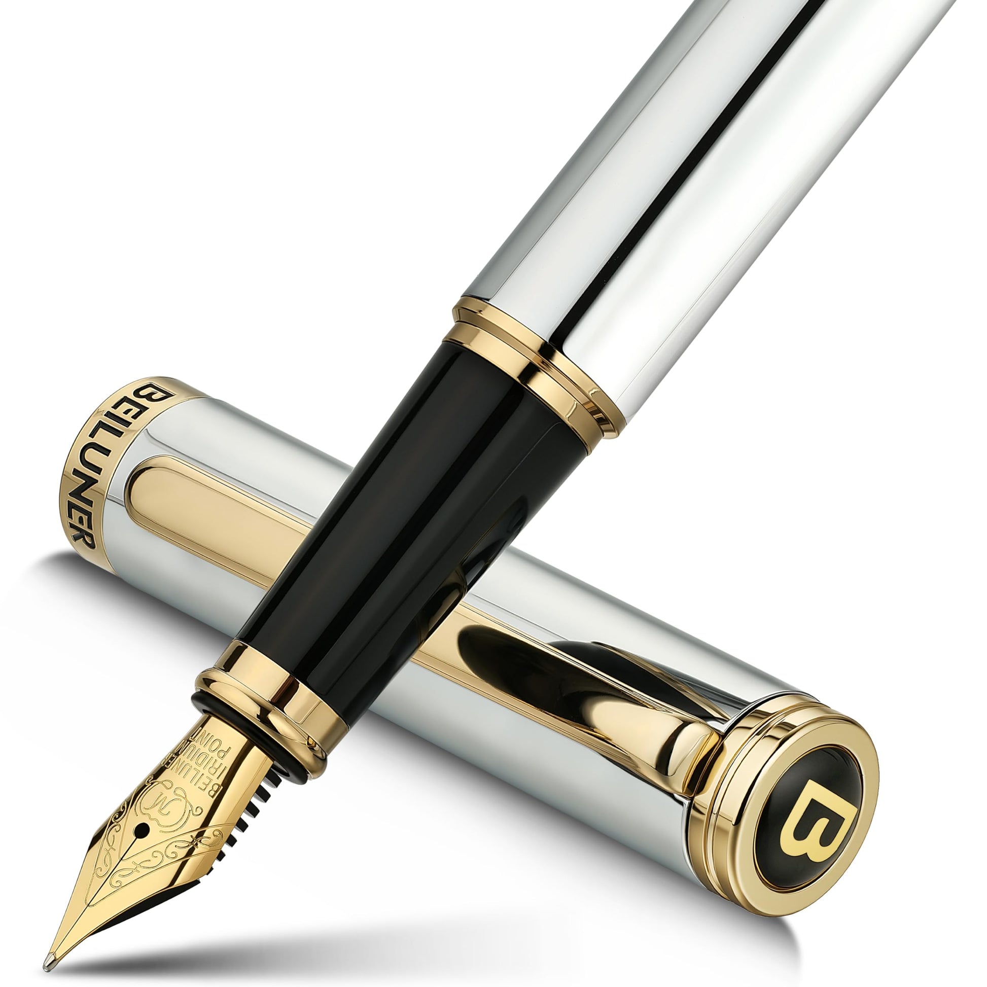 BEILUNER Silver Chrome Fountain Pen,Stunning Luxury with 24K Gold Accents, Gorgeous 24K Gilded