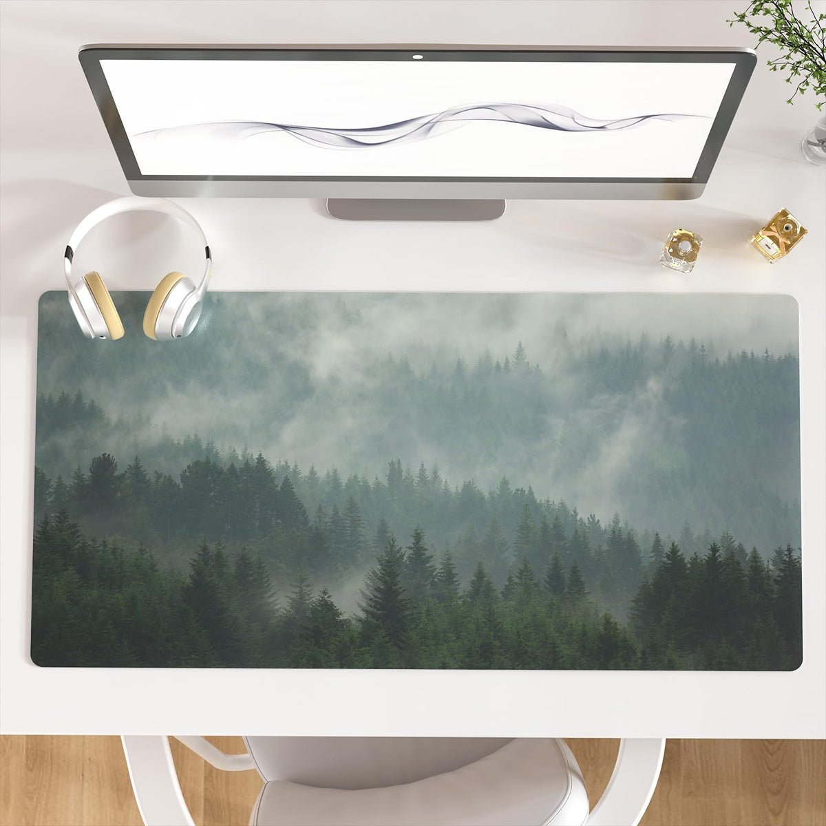 Faux Leather Large Mouse Pad, Office Desk Mat, 31.5"x15.7", Foggy Forest
