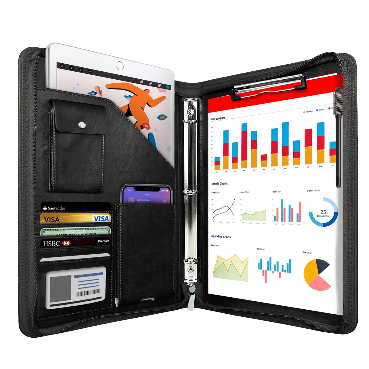 WRIYES Zippered Portfolio Organizer with 3 Ring Binder, Black