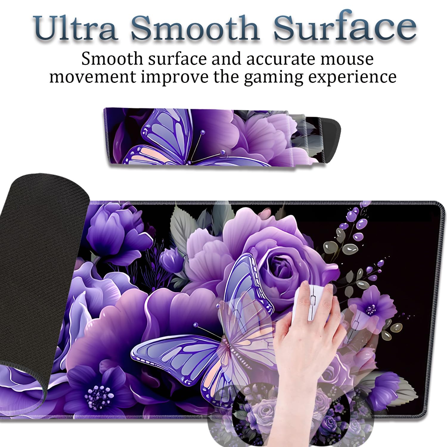 3-Piece Butterfly and Purple Flowers Mouse Pad Set, Including Wrist Support Pad and Cup Holder