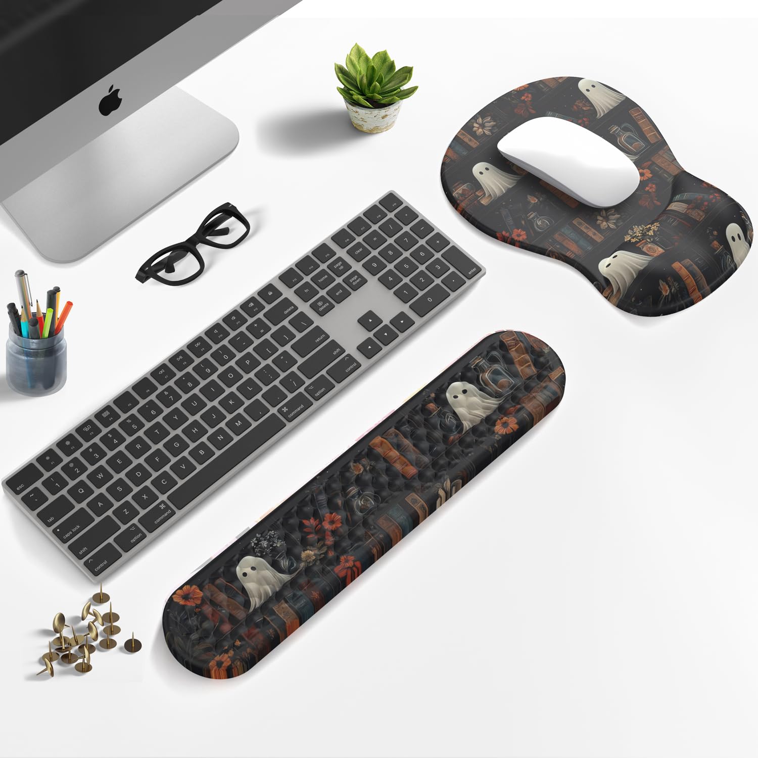 Ghost Book Mousepad with Wrist Rest Halloween Computer Keyboard Mouse Pad Black Cute, Mouse Pad