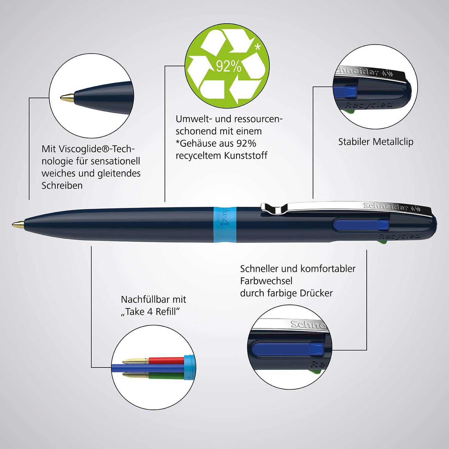 Schneider Take 4 Ballpoint Pen M (Medium), Refillable + Retractable, Dark Blue/Light Blue Barrel