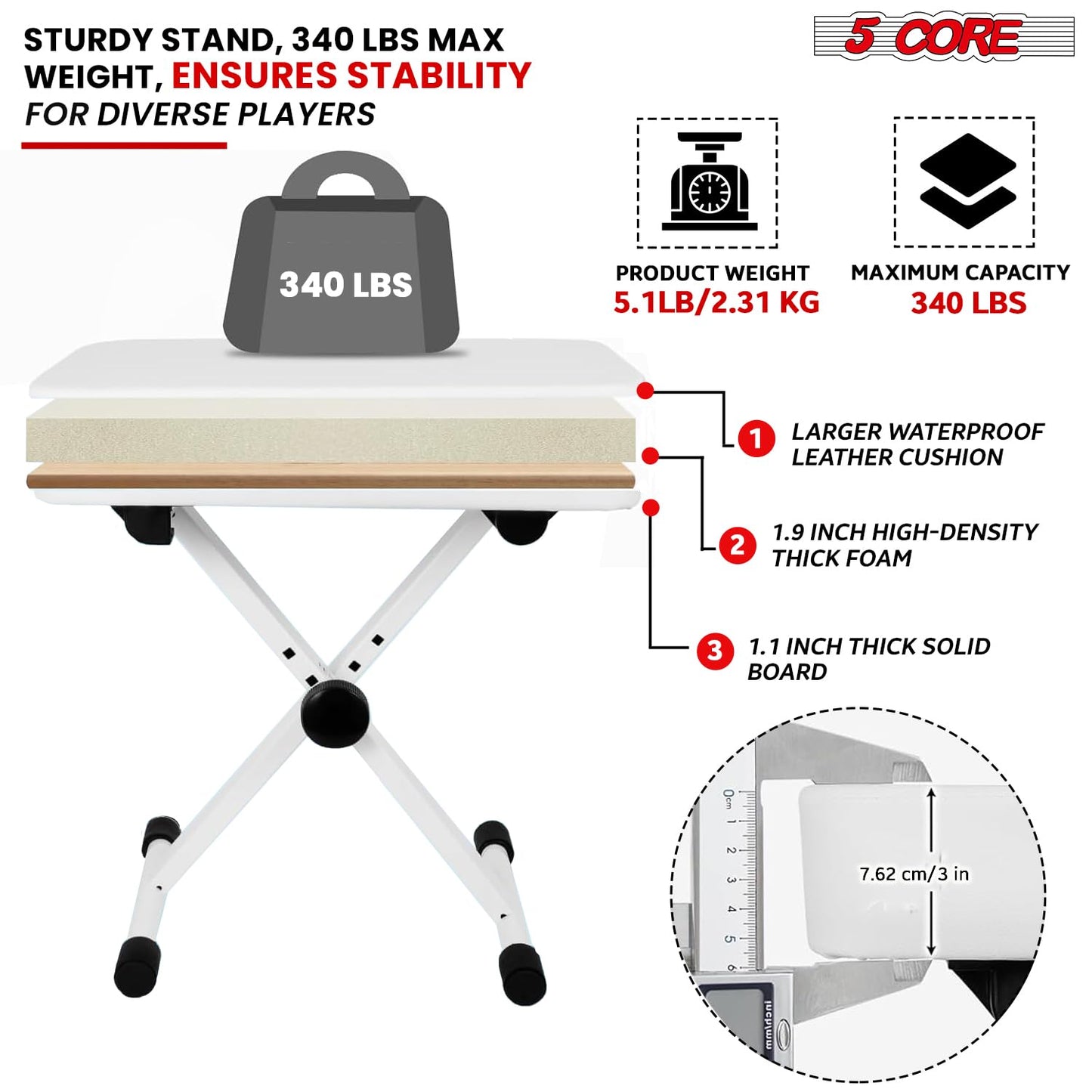 5 CORE Piano Bench X-Style Foldable 3" Padded Keyboard Seat Adjustable Height for Keyboards Synths