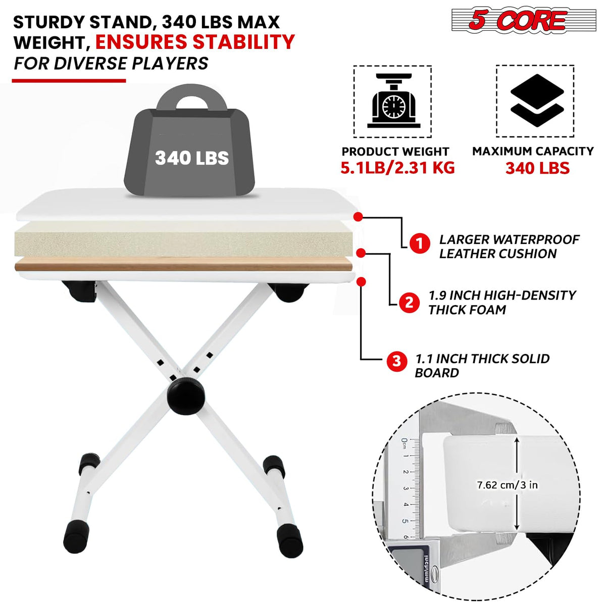5 CORE Piano Bench X-Style Foldable 3" Padded Keyboard Seat Adjustable Height for Keyboards Synths