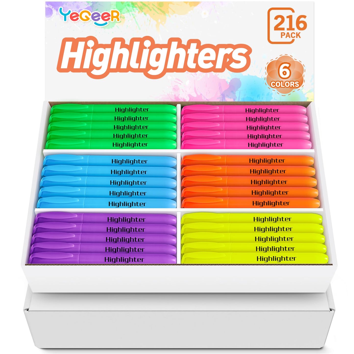 YEGEER Highlighters, Chisel Tip Dry-Quickly Highlighter Markers, 216 Count-6 Assorted Colors