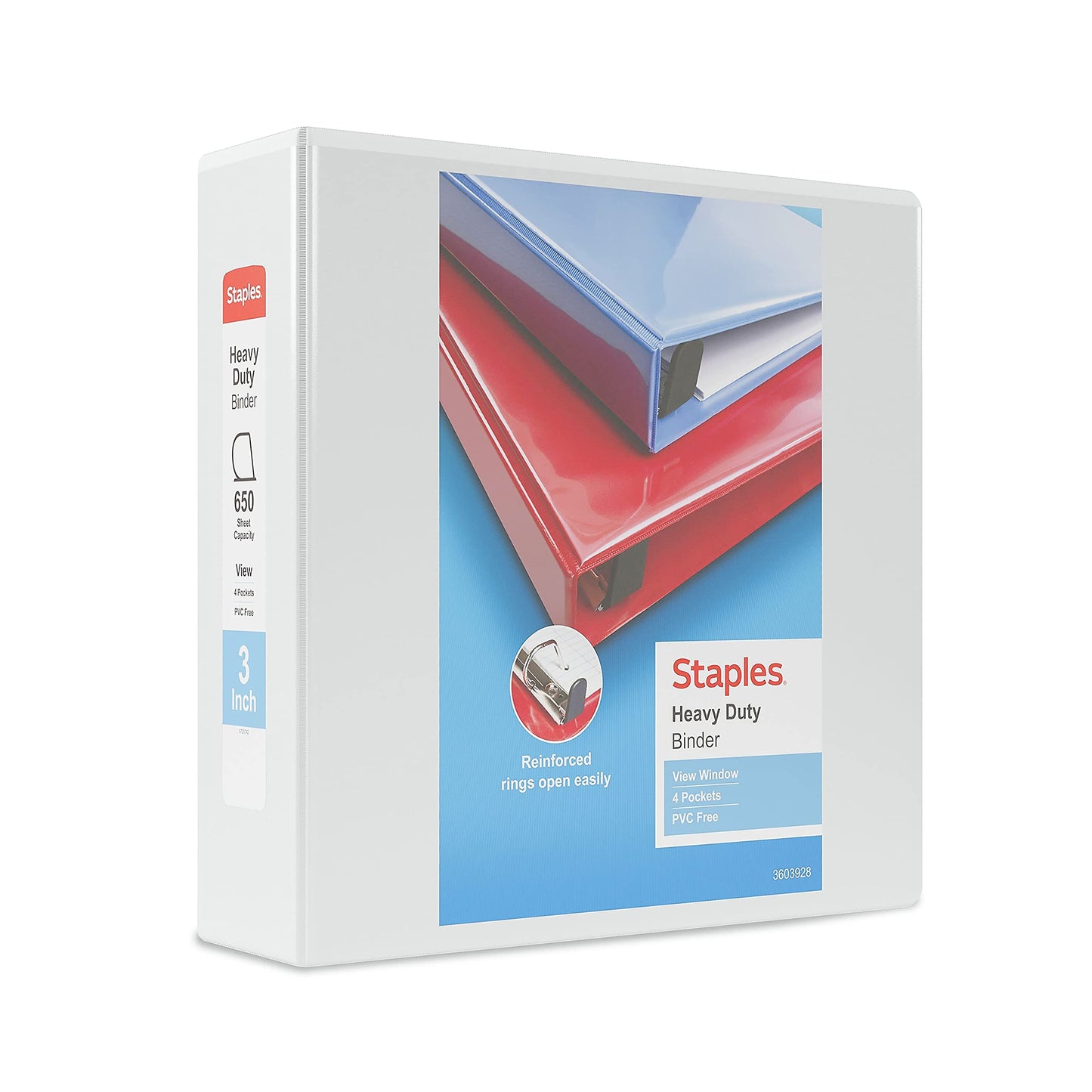 Staples Heavy-Duty 3-Inch 3-Ring View Binders, White, 8/Carton