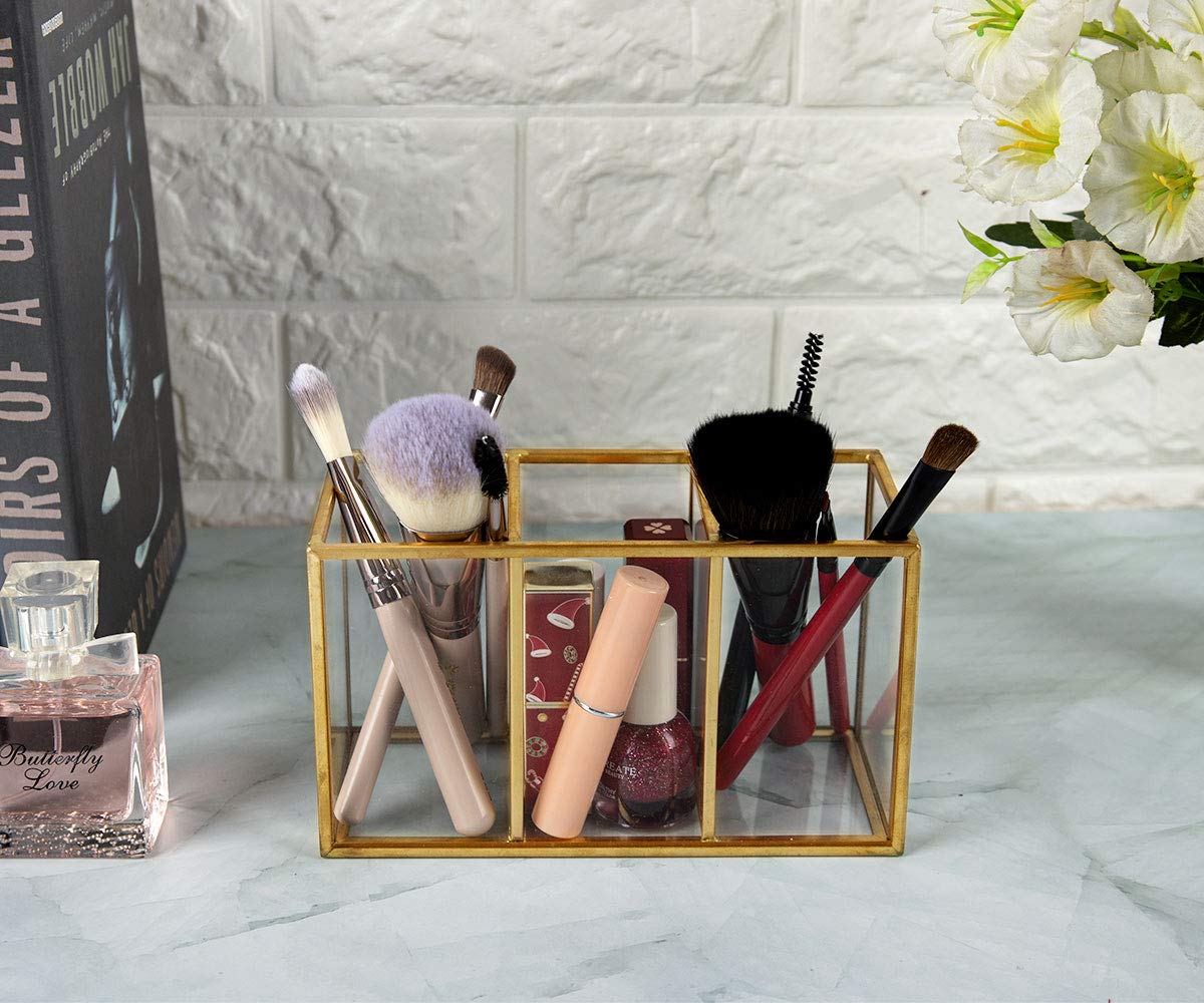 NIUBEE Acrylic Pen Holder 3 Compartments, Gold Pencil Organizer Cup for Countertop Desk Accessory
