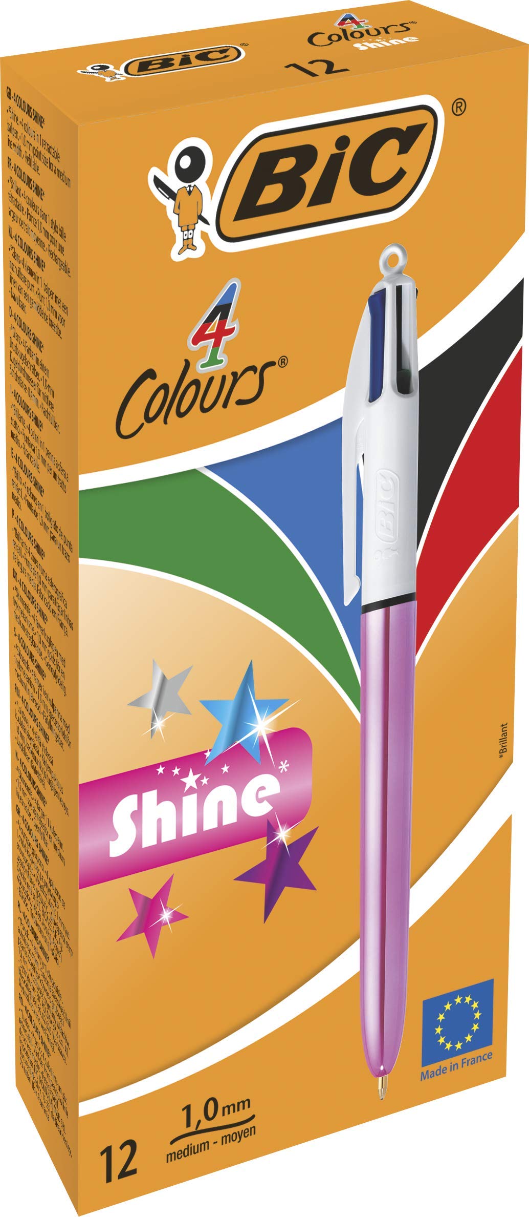 BIC 4 Colours Shine Ballpoint Pens - Box of 12 - Metallic Pink Body with 4 Ink Colours (Blue