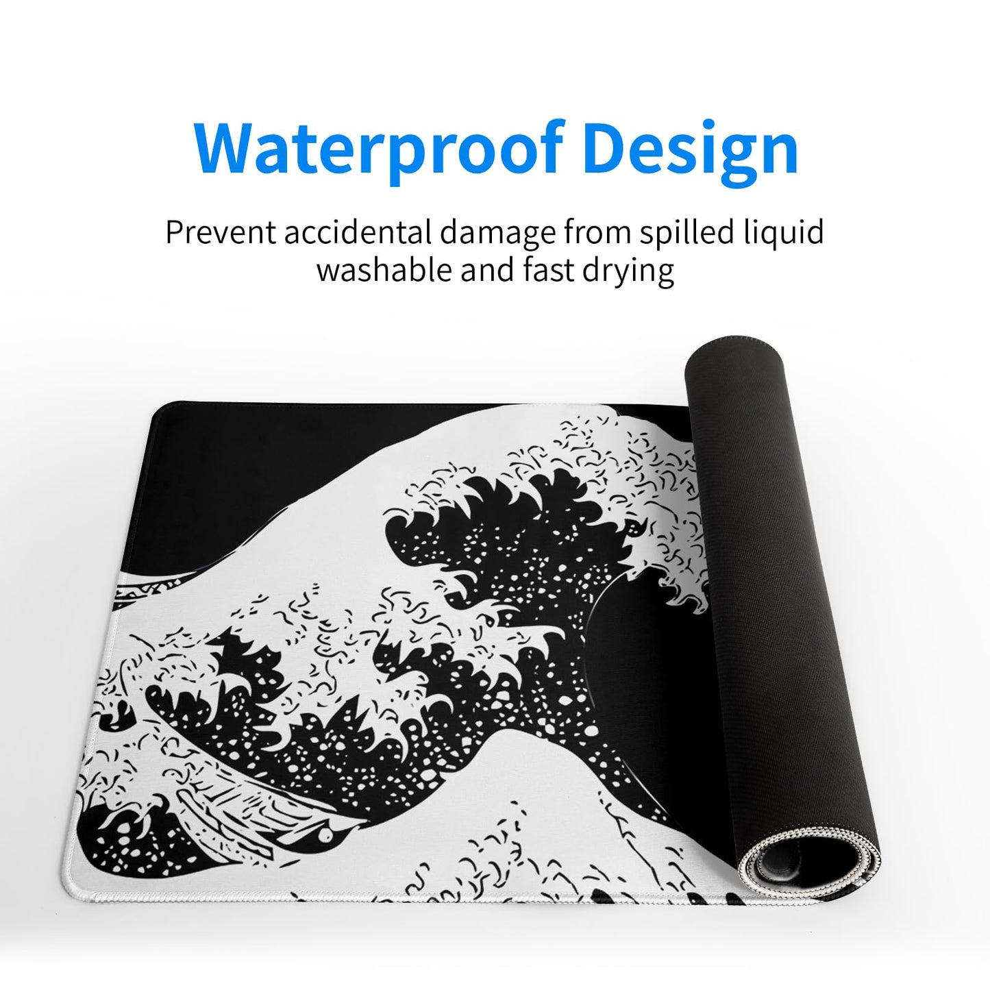 Japanese Sea Wave Large Mouse Pad, Abstract Black Gaming Mousepad, Extended Kanagawa Mat Desk Pad