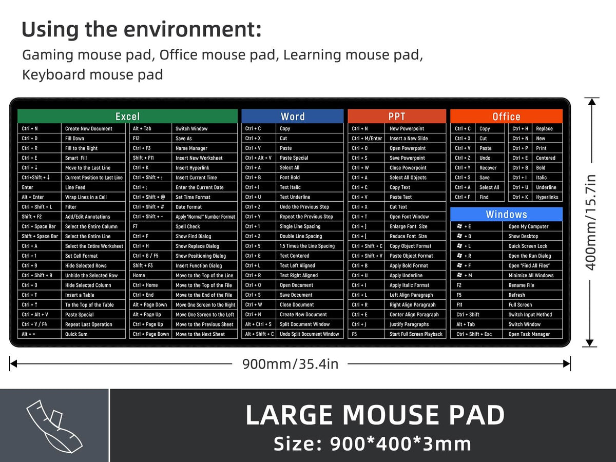 Rinaze Large Mouse Pad Desk Mat with Excel Shortcuts Cheat Sheet, Anti-Slip Keyboard Pad with
