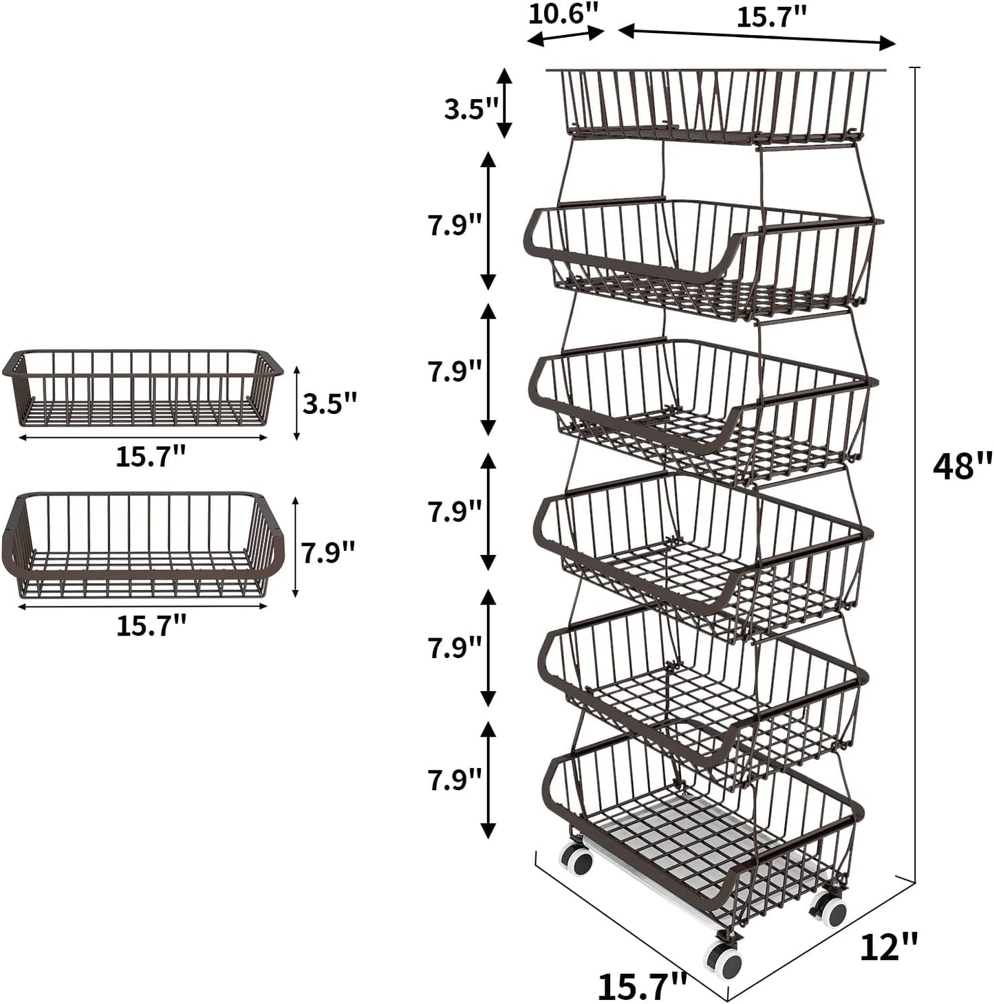 Piggy-G Fruit Vegetable Storage Basket with Wheels Kitchen Rack 6-Tier Stackable Floor-Standing