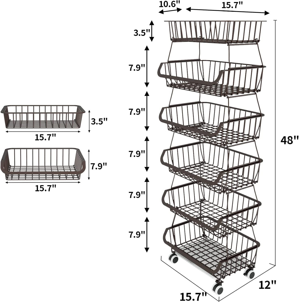 Piggy-G Fruit Vegetable Storage Basket with Wheels Kitchen Rack 6-Tier Stackable Floor-Standing