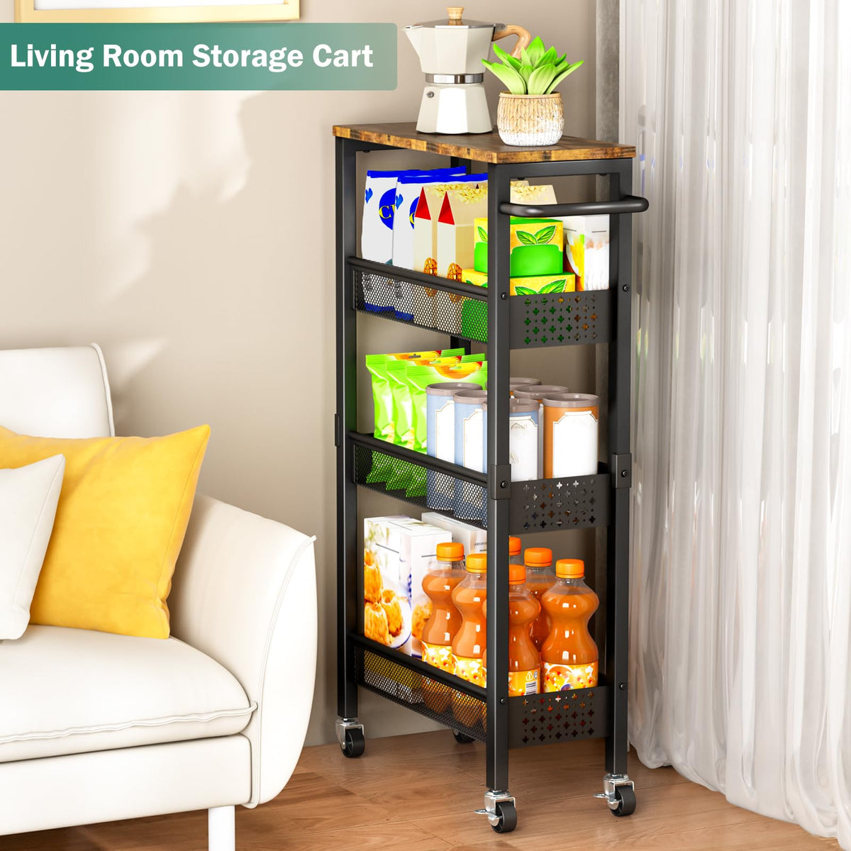 Vivihomety 4-Tier Slim Utility Rolling Laundry Cart with Wheels, Metal