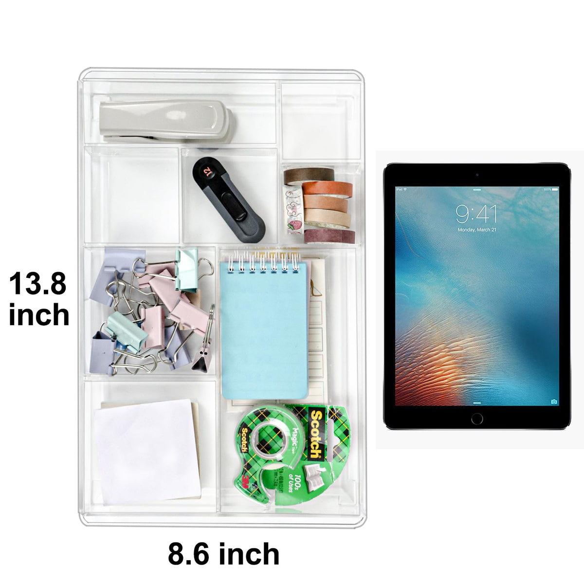ZEXALOR 8-Section Clear Drawer Organizer, Large Acrylic Drawer Divider Tray for