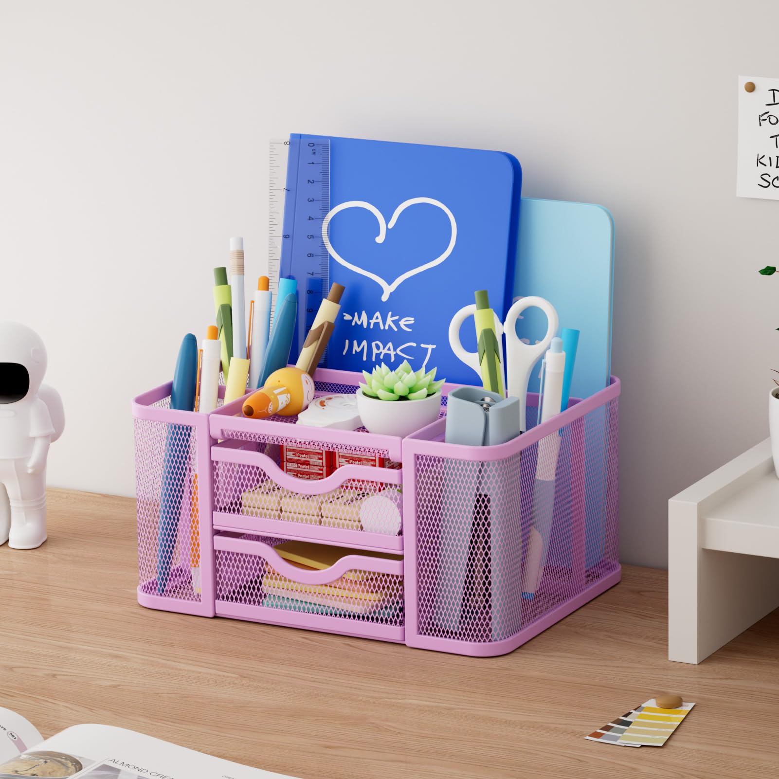 Marbrasse Mesh Desk Organizer, Pen Holder with 2 Drawer, Multi-Functional Pencil Holder, Desk