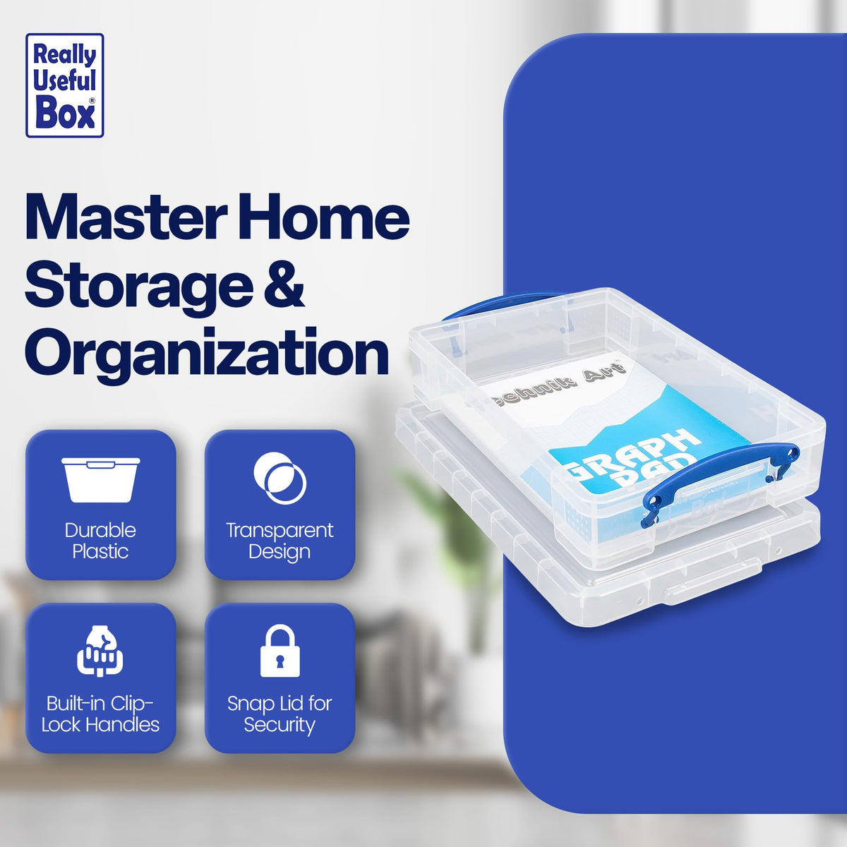 Really Useful Box 4C Plastic Stackable Storage Container with Snap Lid and Built in Clip Lock