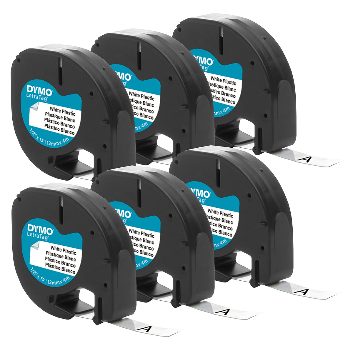 DYMO Authentic LT Plastic Labeling Tape for LetraTag Label Makers, 1/2" (12mm), Black Print On