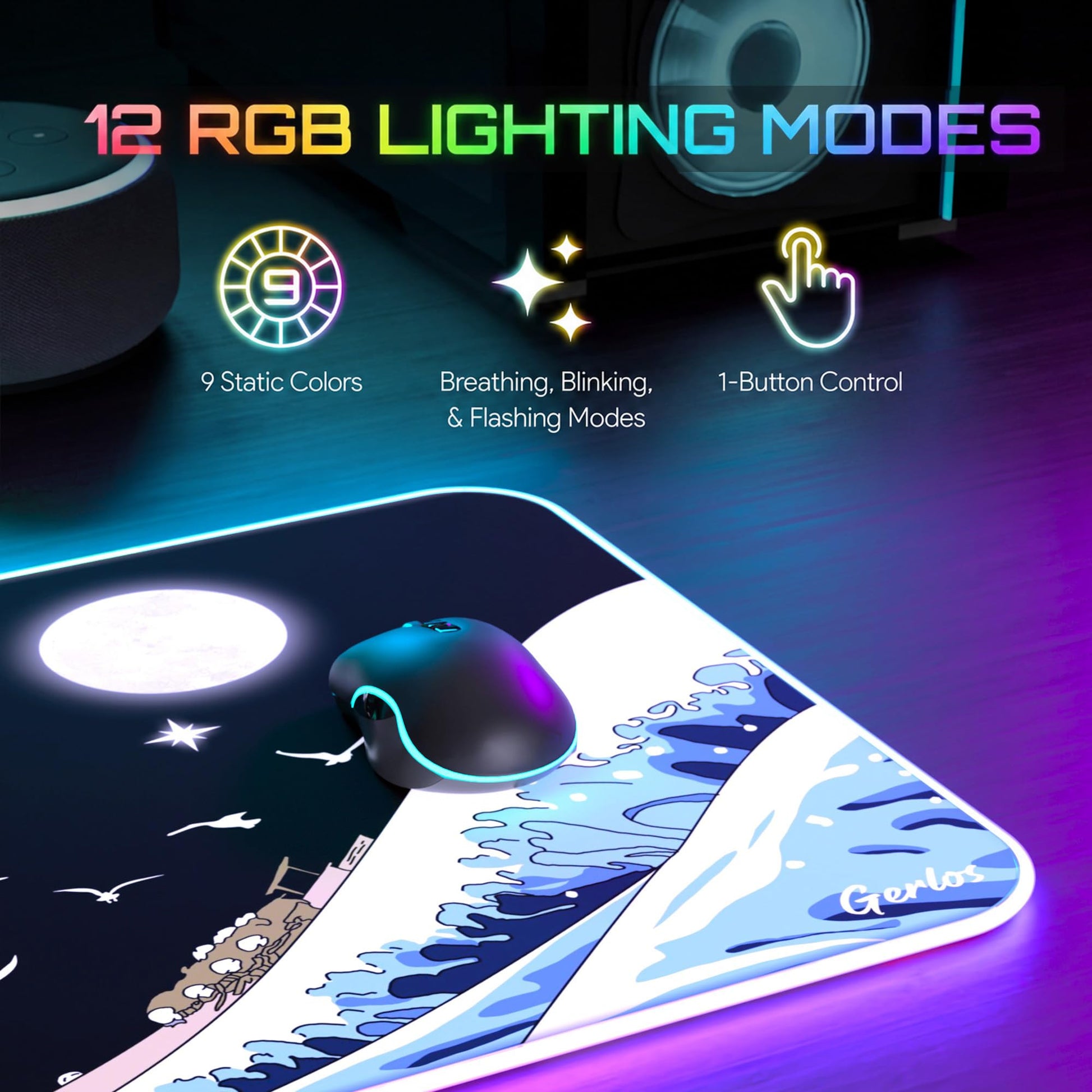 Gerlos RGB Gaming Mouse Pad, Large LED Desk Mat for Gamer, 31.5" x 11.8"