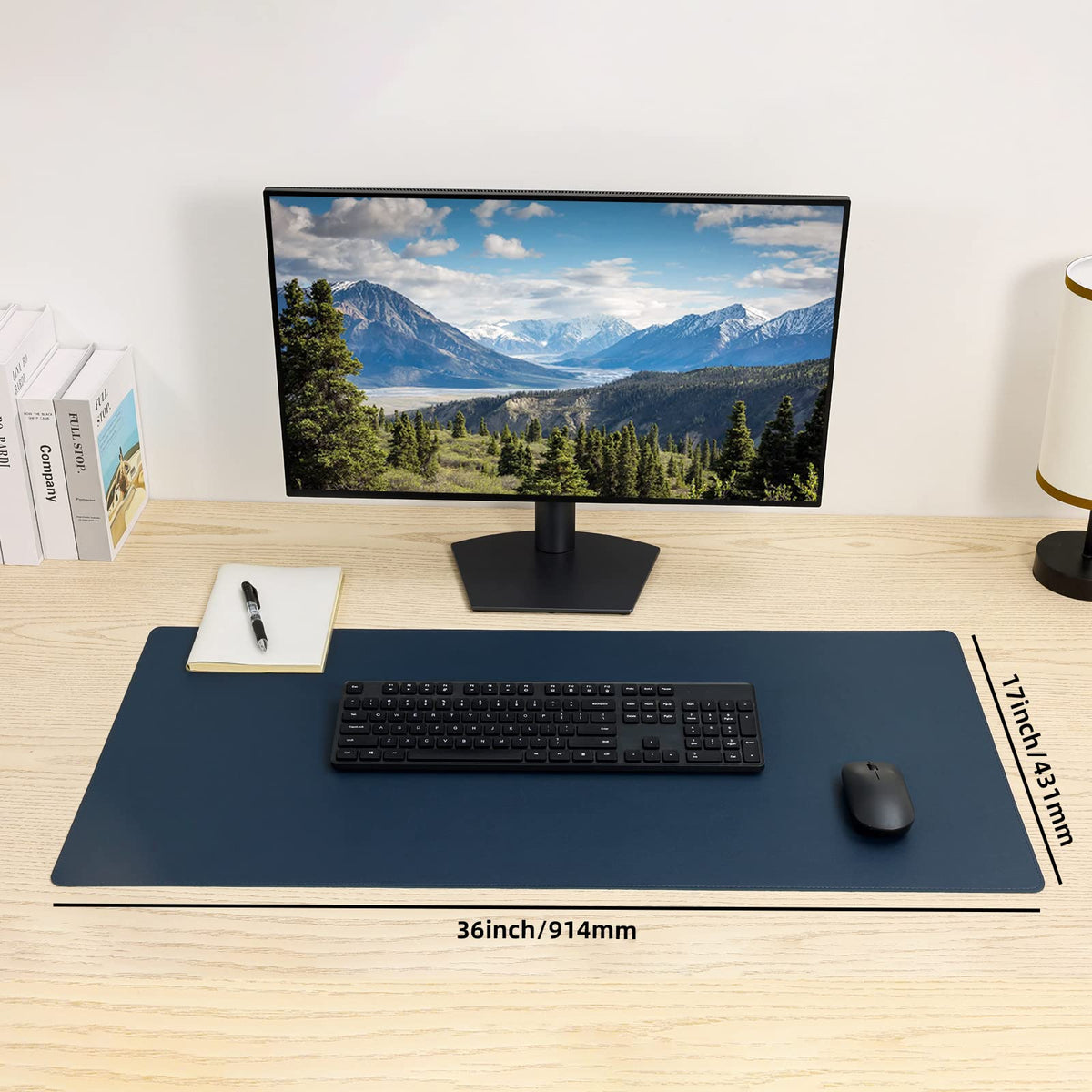 Wolaile PU Leather Desk Pad Blotter,Navy Waterproof Office Desktop Mat for Men,36x17in Non-Slip