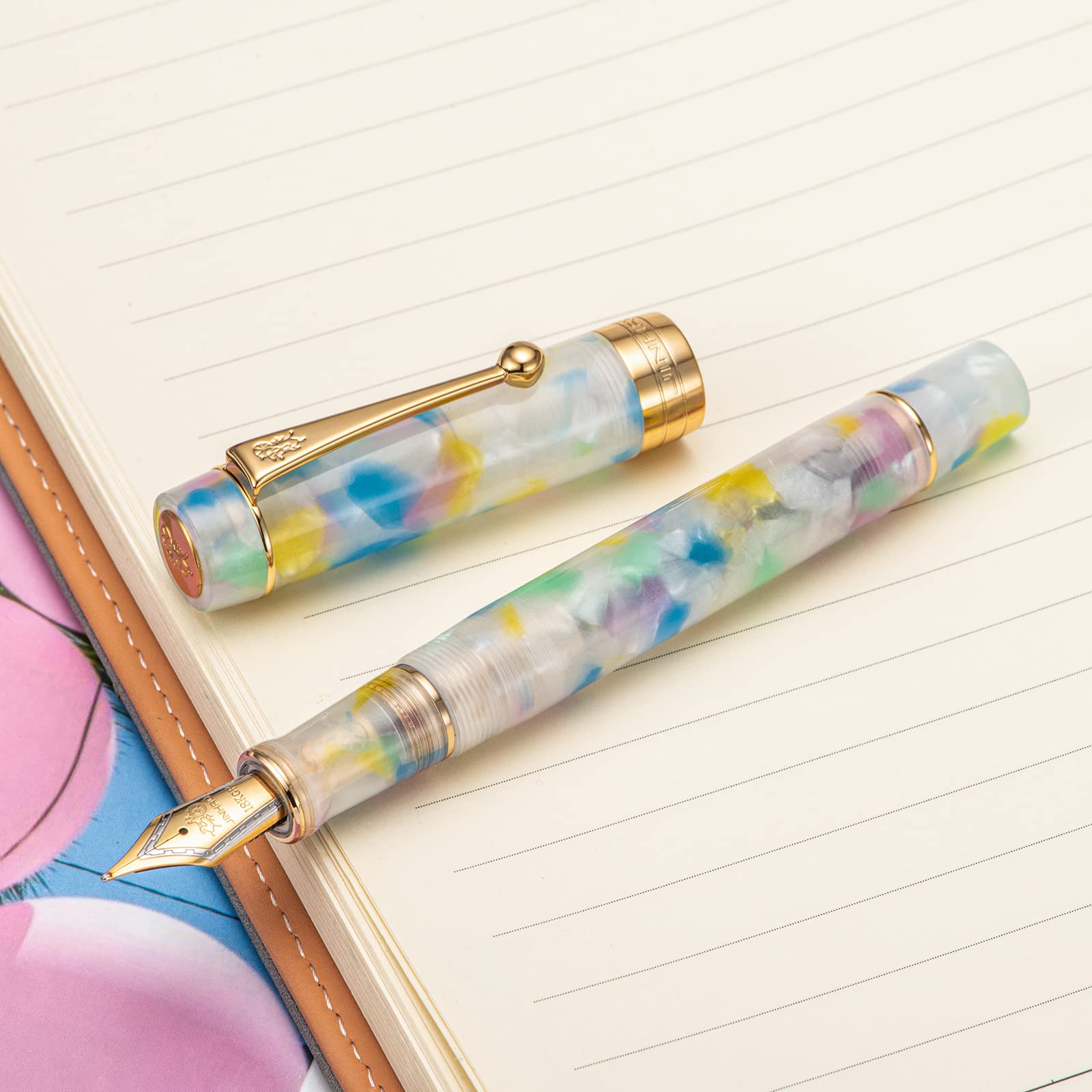 Jinhao 100 Classic Fountain Pen Rainbow Marble Celluloid, Medium Nib with Converter and Pen Case Set