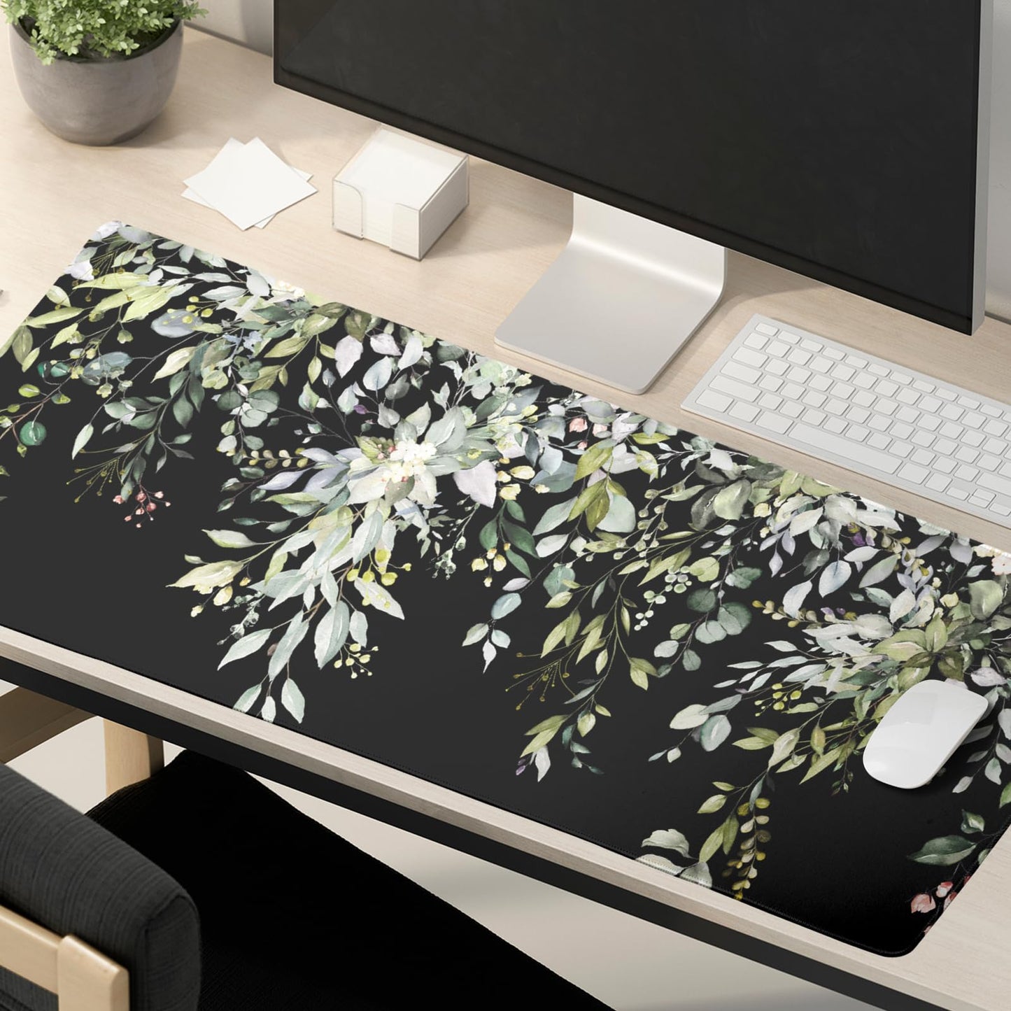 Green XXL Sage Green Leaves Gaming Mouse Pad 35.4"X15.7" Wildflower Extended Keyboard Mat Non-Slip