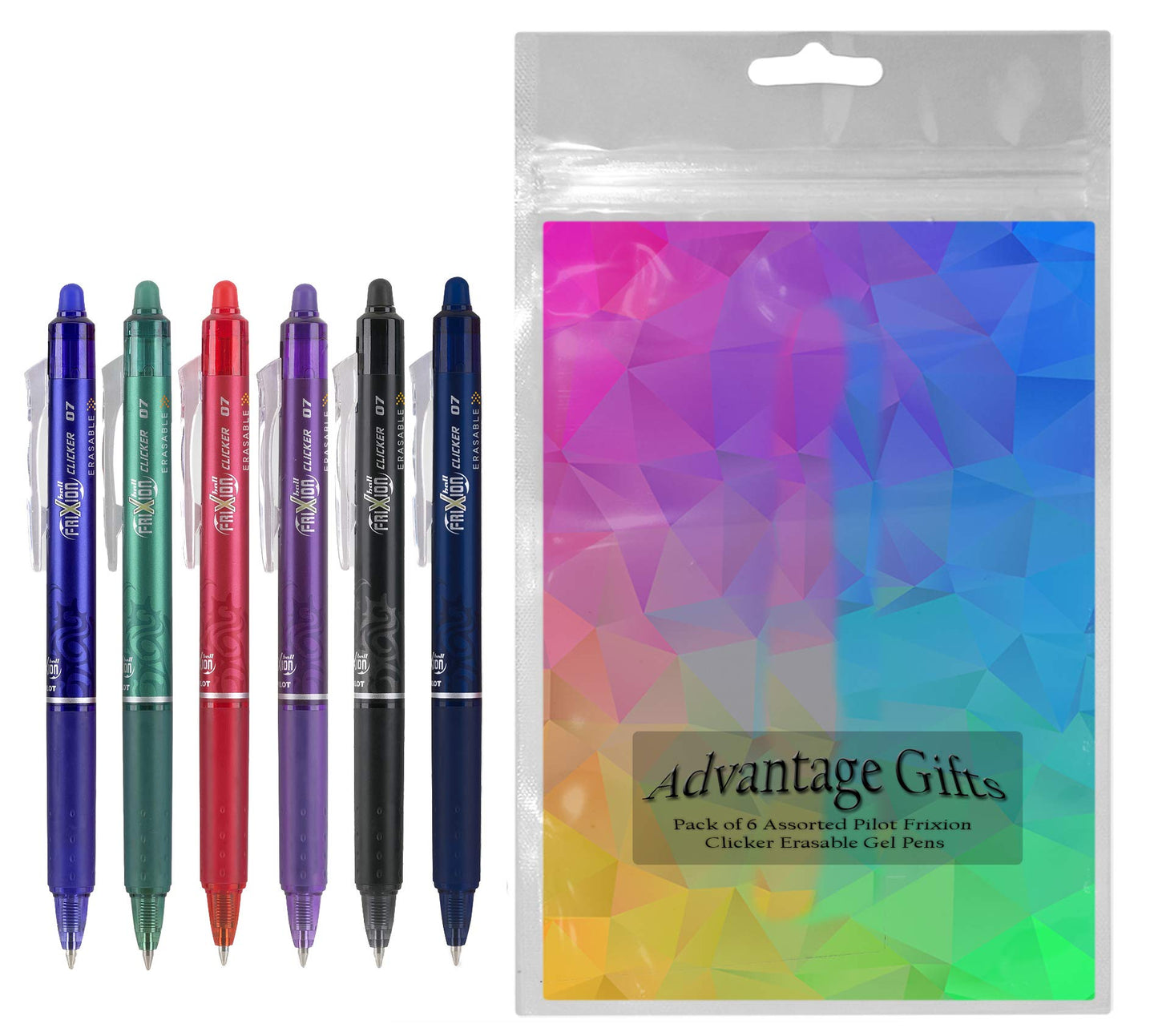 Advantage Gifts Clicker Retractable Erasable Gel Pens Fine Point (.7mm) Assorted Colors Ink 6-pk;