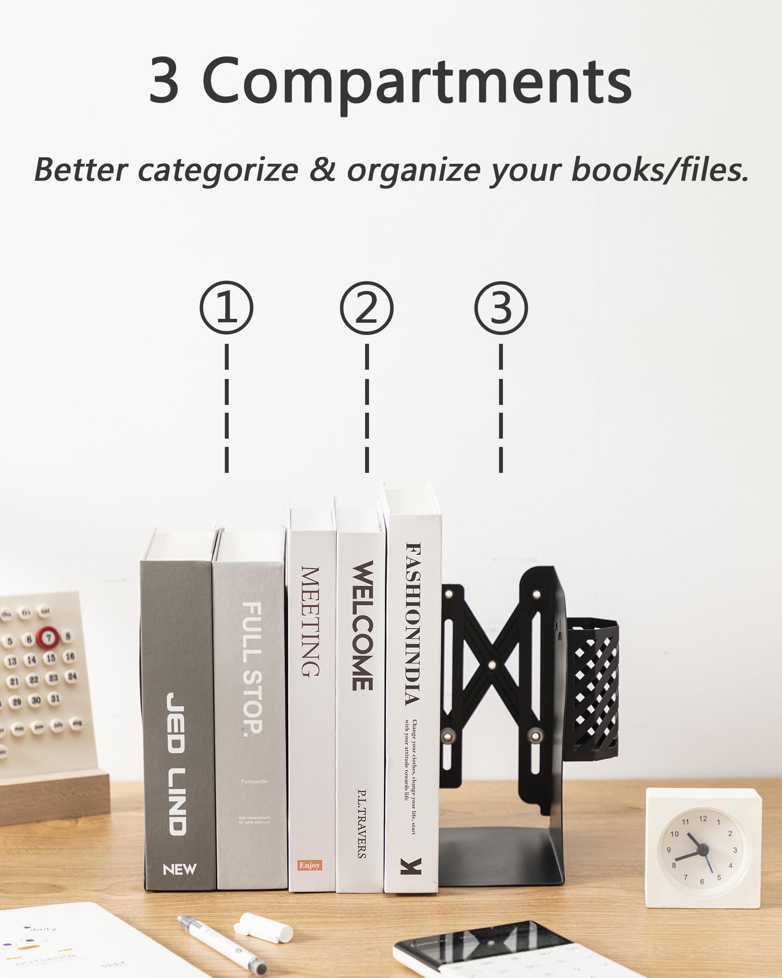 Kingsmile Book Ends, Adjustable Heavy Duty Metal Book Stoppers with Pen Holder for Desk Office