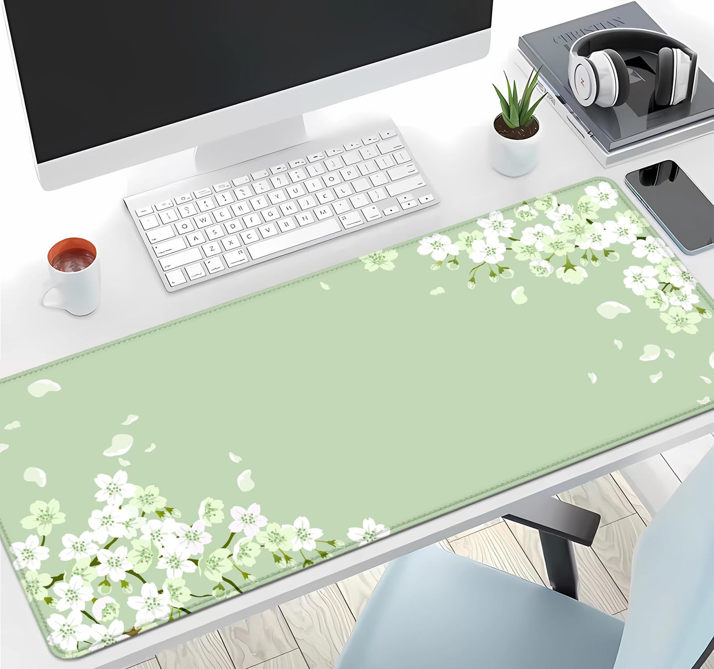 IMAYONDIA Sakura Japanese Desk Mat, Cherry Blossom Flowers Large Gaming Mouse Pad, Pastel Floral
