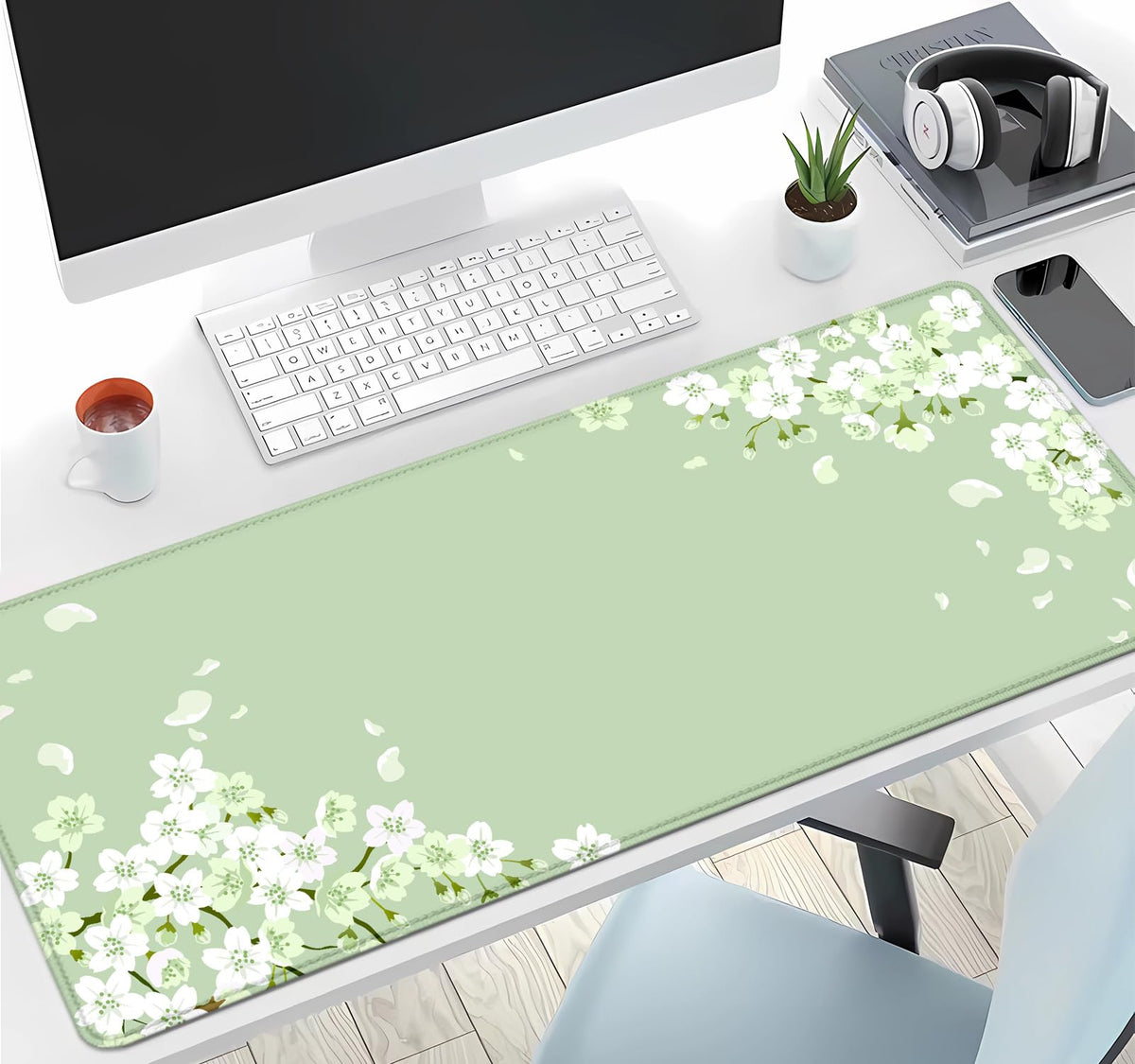 IMAYONDIA Sakura Japanese Desk Mat, Cherry Blossom Flowers Large Gaming Mouse Pad, Pastel Floral