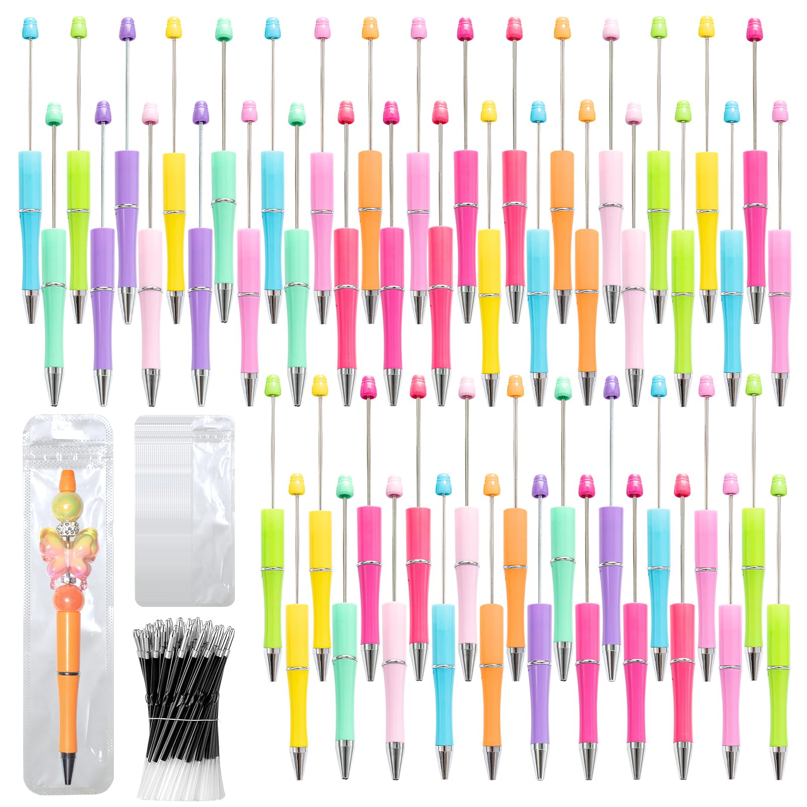 DASTTUIS 150 Pieces DIY Beadable Pen Kit – 50 Plastic Ballpoint Pens with Refills & Bags – School
