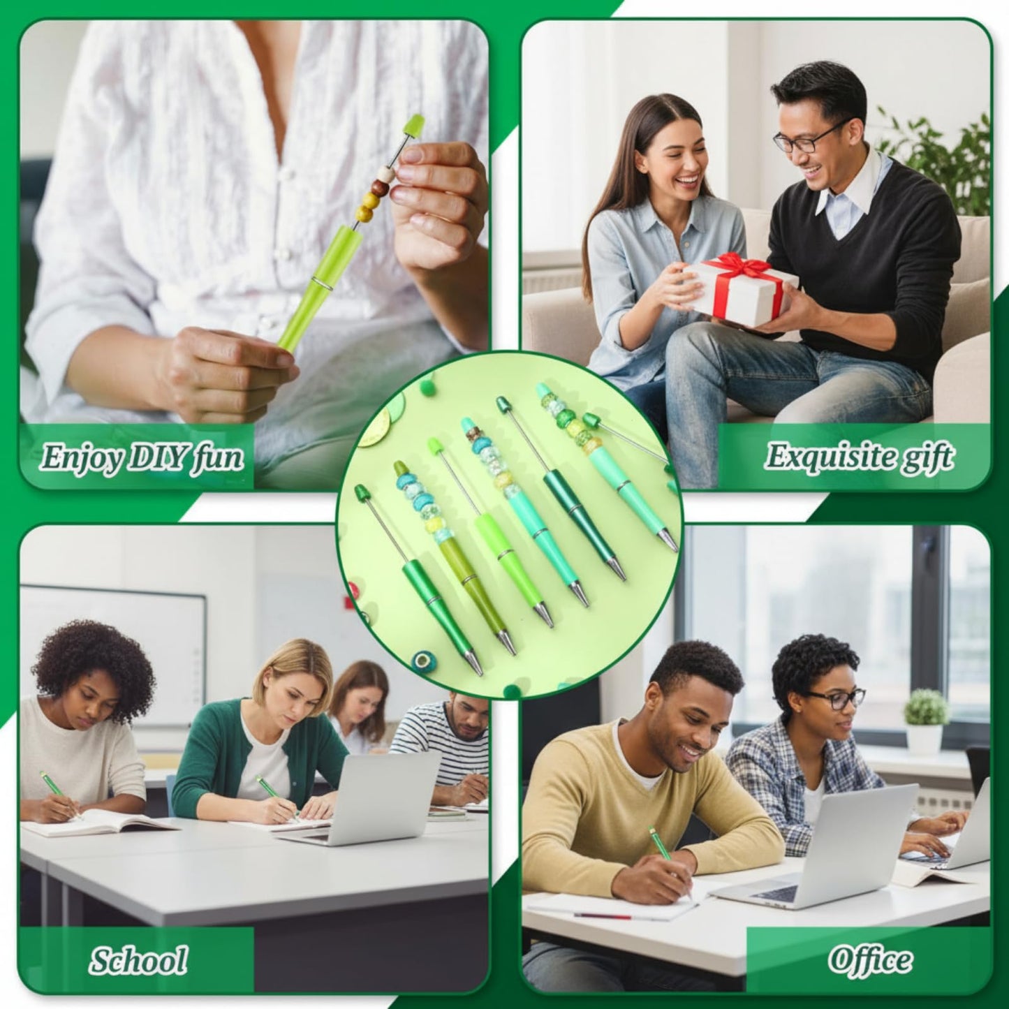 Kosiz 60 Pieces Beadable Pens Bulk Black Ink Pens,Green Series,Classic