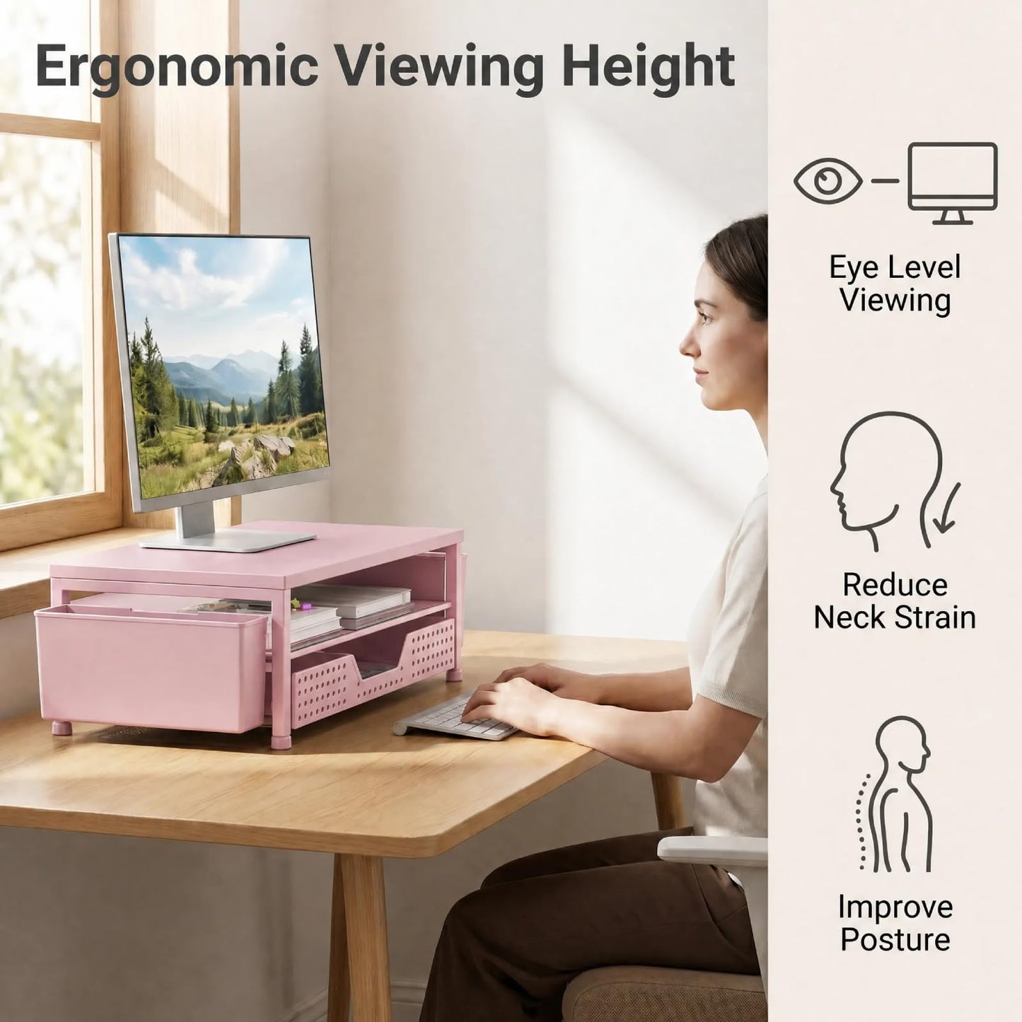 ECOLOVI Desk Organizer and Accessories, 2-Tier Computer Monitor Stand Rise with Storage Drawer & 2