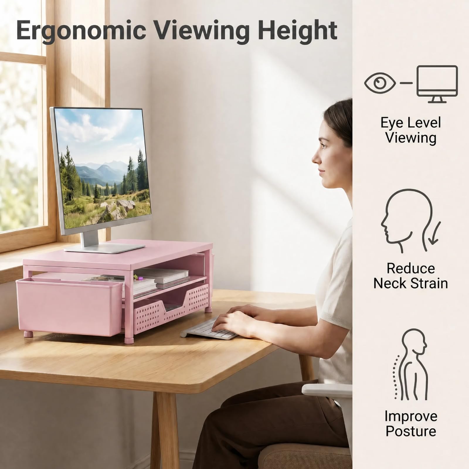 ECOLOVI Desk Organizer and Accessories, 2-Tier Computer Monitor Stand Rise with Storage Drawer & 2