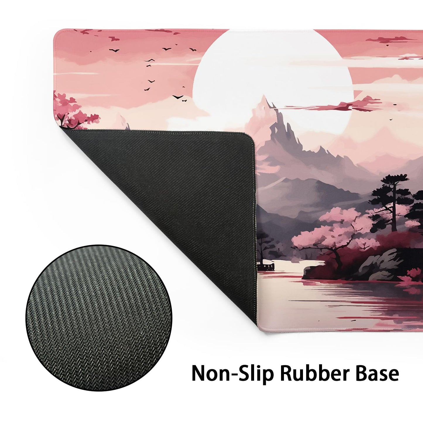 Pink Japanese Sakura Gaming Mouse Pad Large XL Cherry Blossom Tower Mountain Landscape Extended
