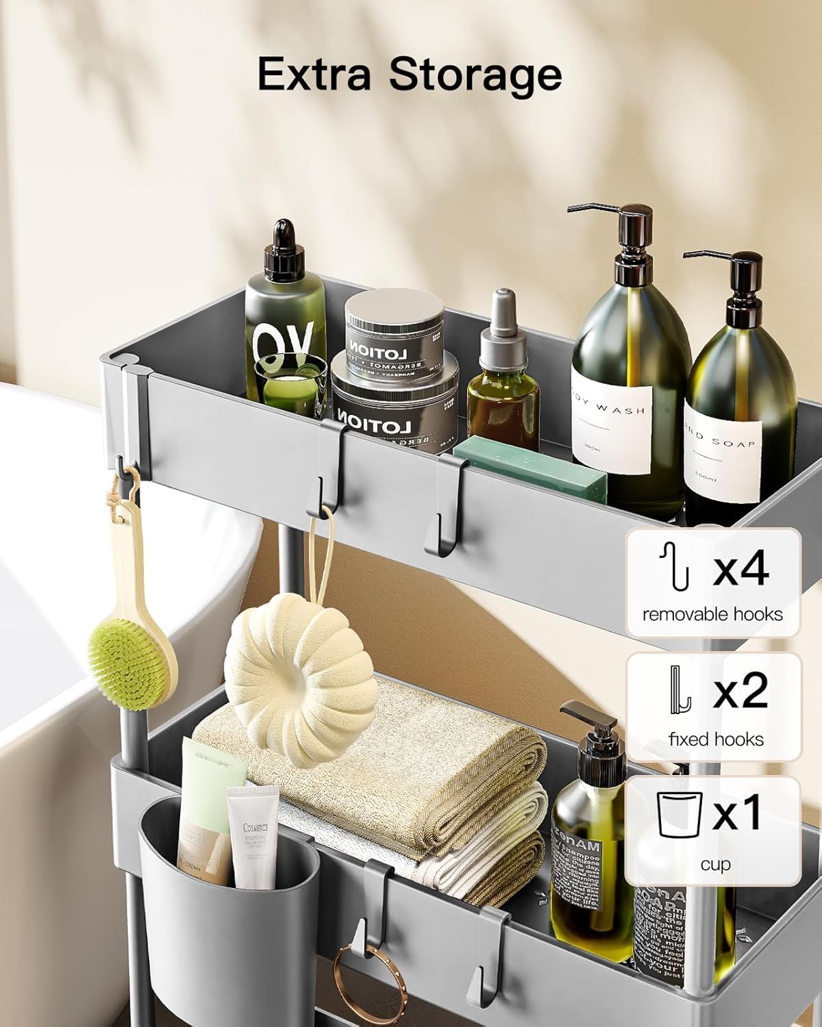 Pipishell 3 Tier Slim Storage Cart with Wheels, Bathroom Storage Cart, Gray