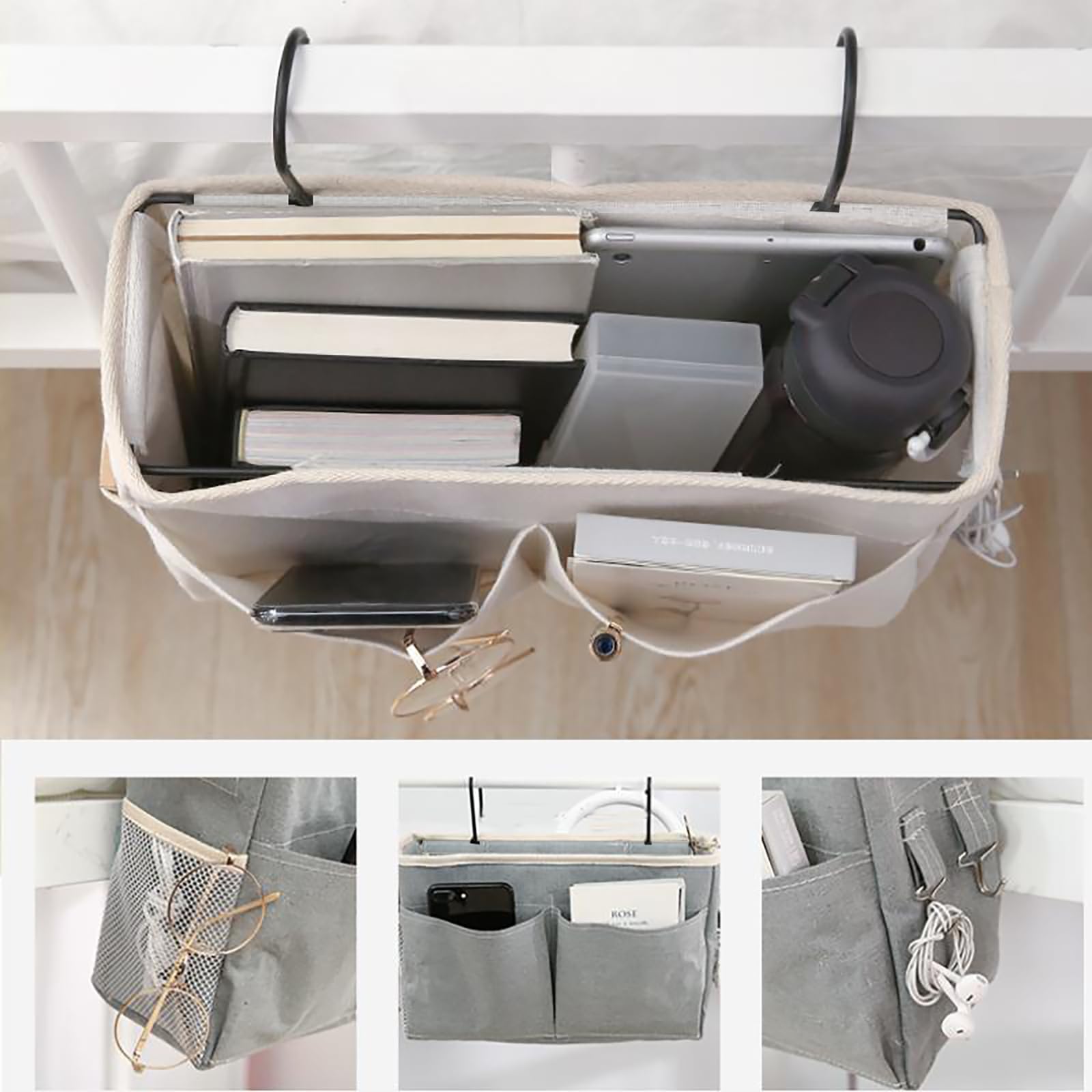 SMALL GOAL Bedside Caddy, Bedside Hanging Storage Organizer for College Dorm Bed, Bunk and Hospital