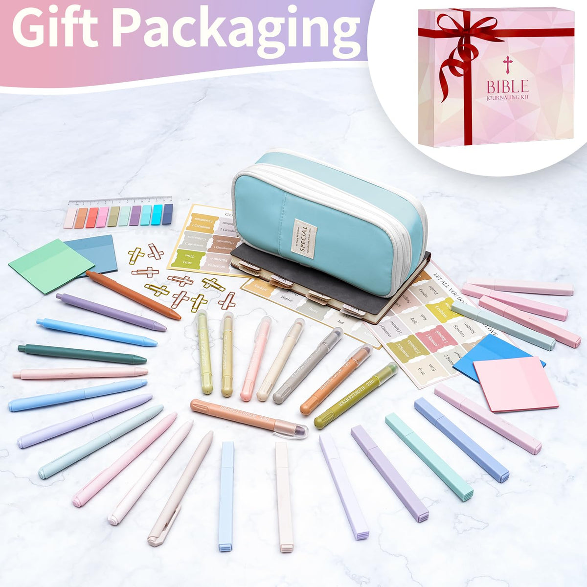 KOPKOFT Bible Study Supplies, Bible Journaling Kit for Women with Journal, Pen Case, Tabs