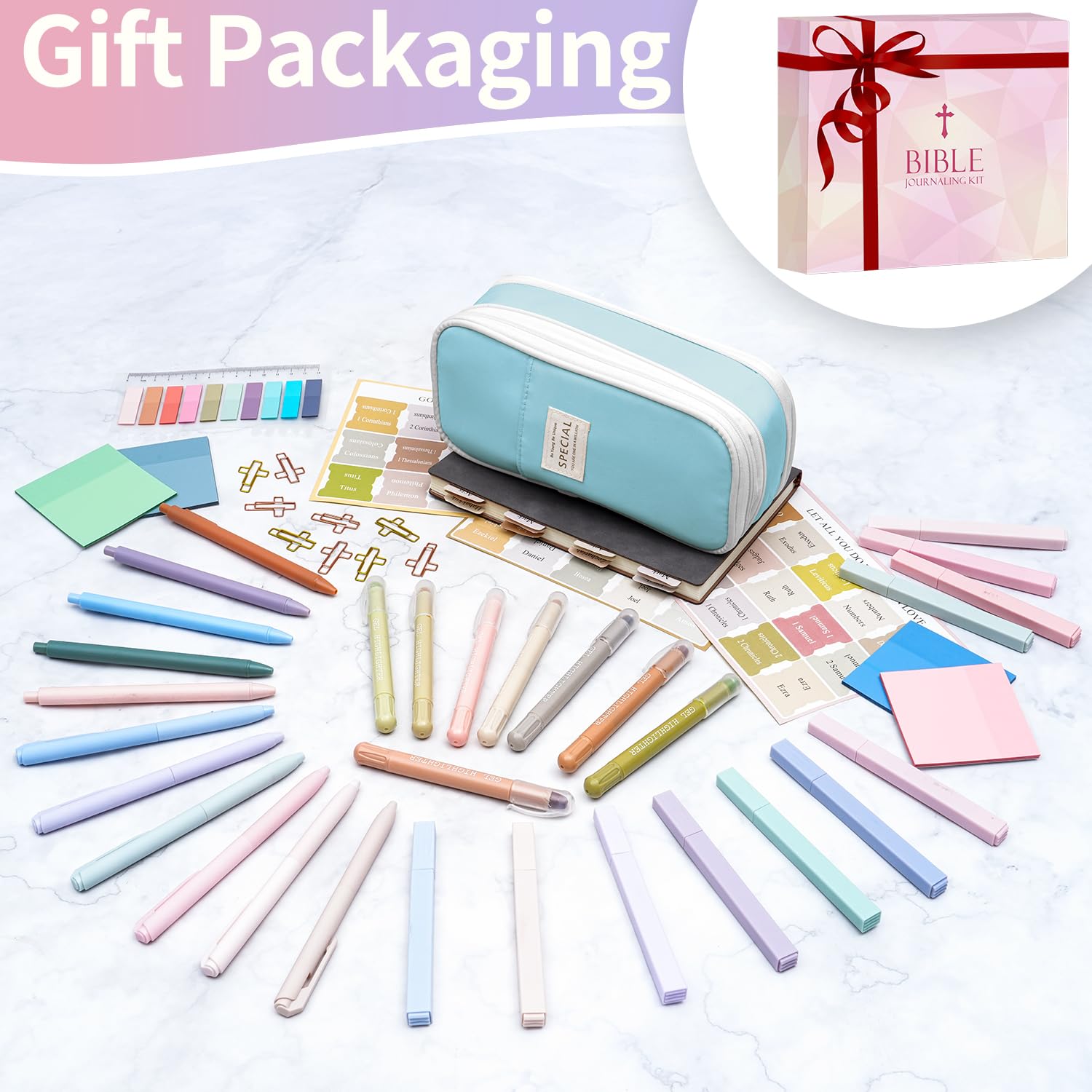 KOPKOFT Bible Study Supplies, Bible Journaling Kit for Women with Journal, Pen Case, Tabs