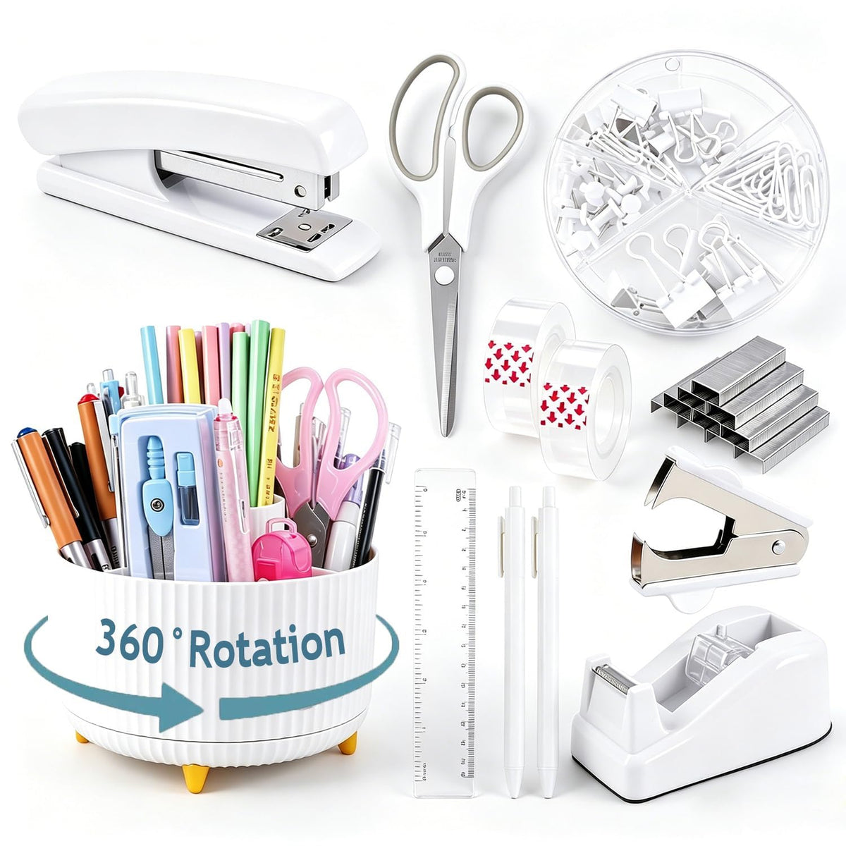 Gawsey White Desk Organizers and Accessories with Desk Organizer 360° Rotating Pen Holder and