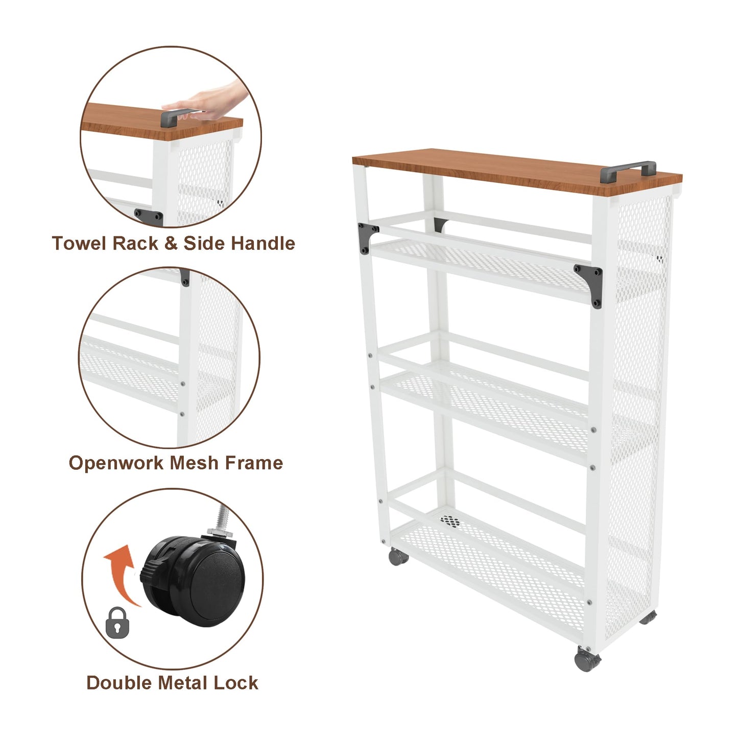 fusehome 3-Tier Rolling Cart Slim - White Laundry Bathroom Kitchen