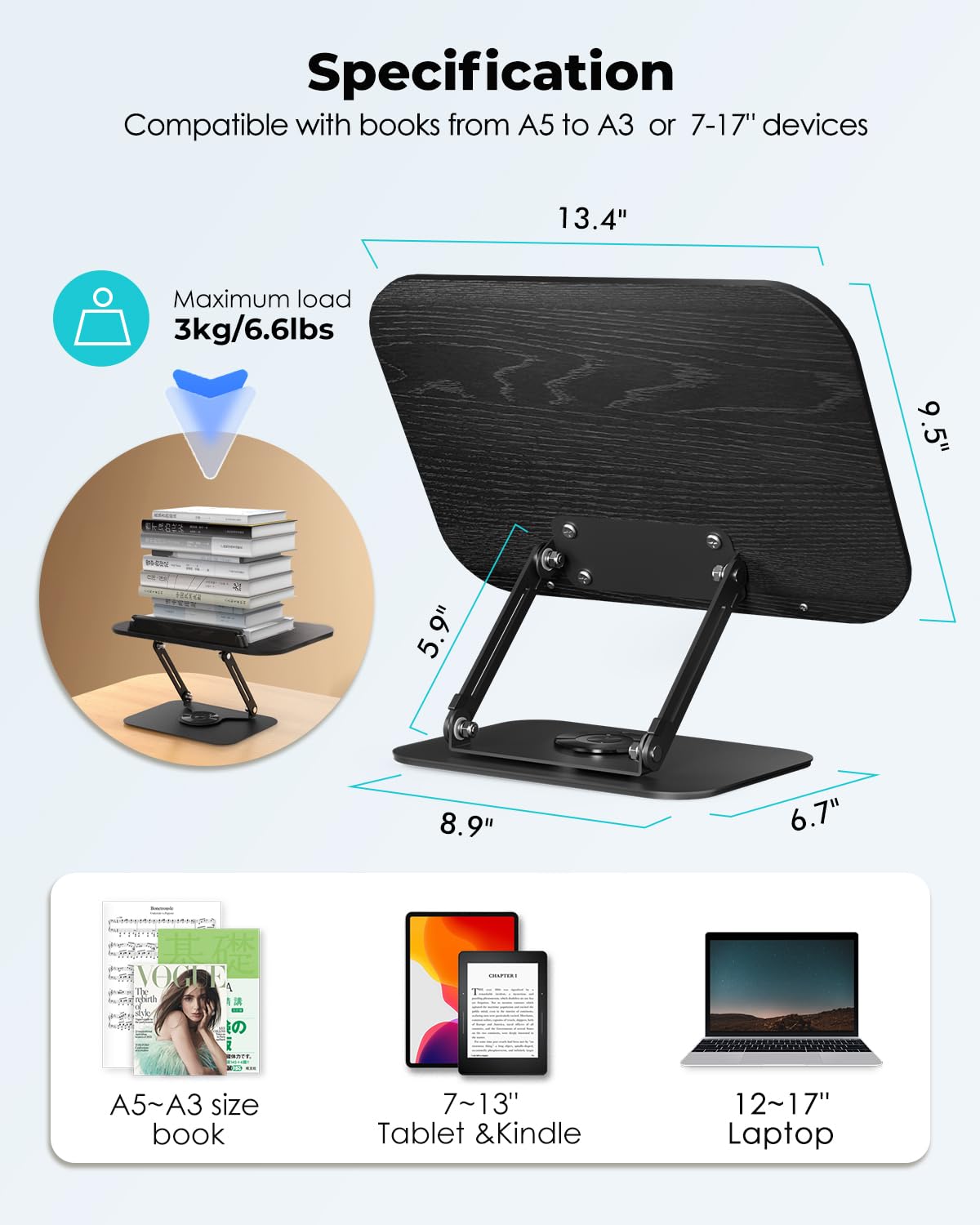 Viozon Book Stand for Reading,Book Holder, Height&Angle Adjustable, 360° Rotating Base, Foldable