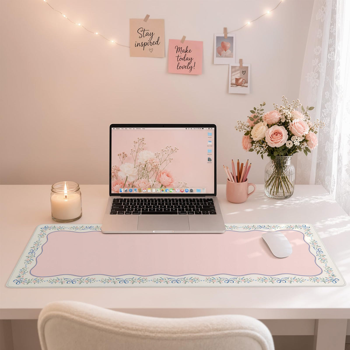 HAOCOO Cute Desk Topper, 31.5" x 11.8" Desk Pad for Office Pink Ribbon
