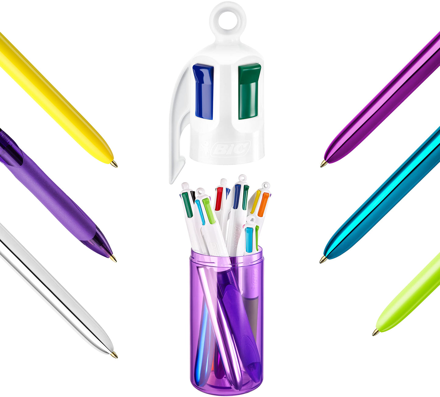 BIC 4 Colours Ball Pens - Purple Pen Holder of 6