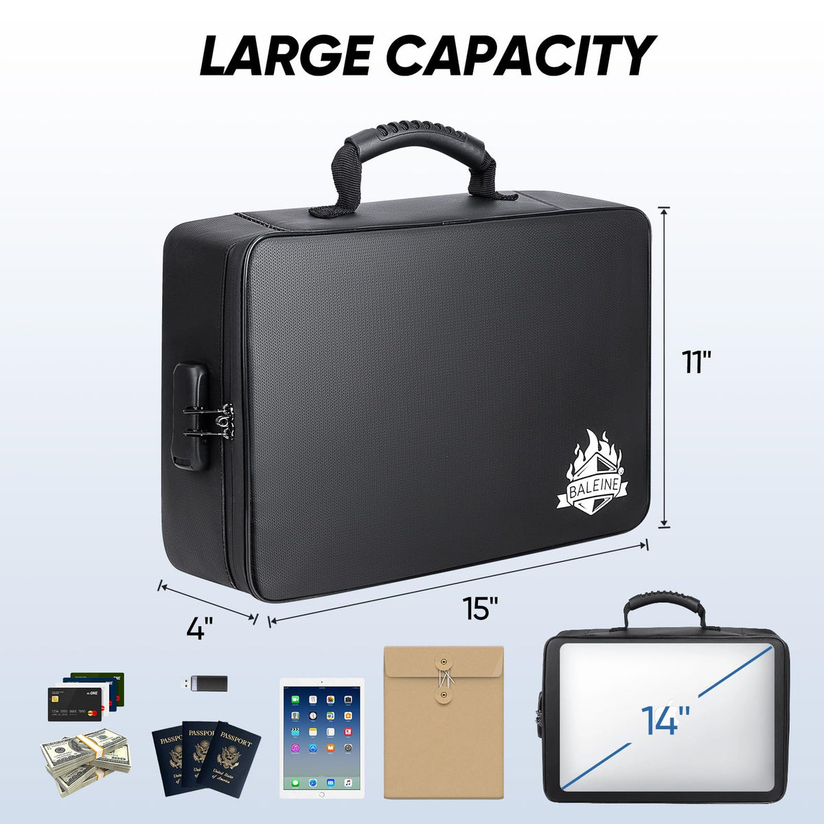 BALEINE Fireproof Document Box with Lock, Waterproof Fire Safe File Bag