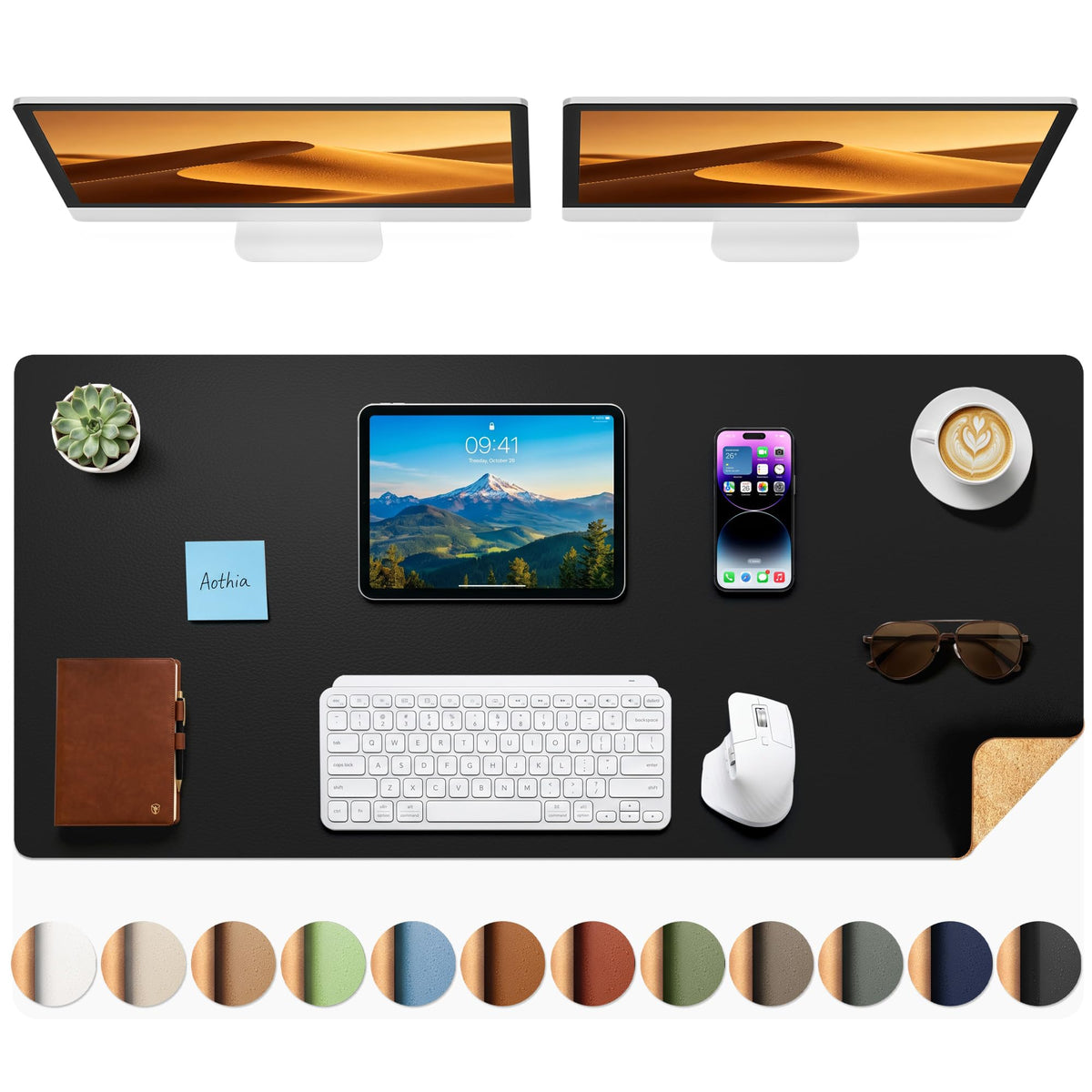 Aothia Cork Desk Mat - Dual-Sided Extra Large Desk Pad & Keyboard Mat, Long PU Leather Desk