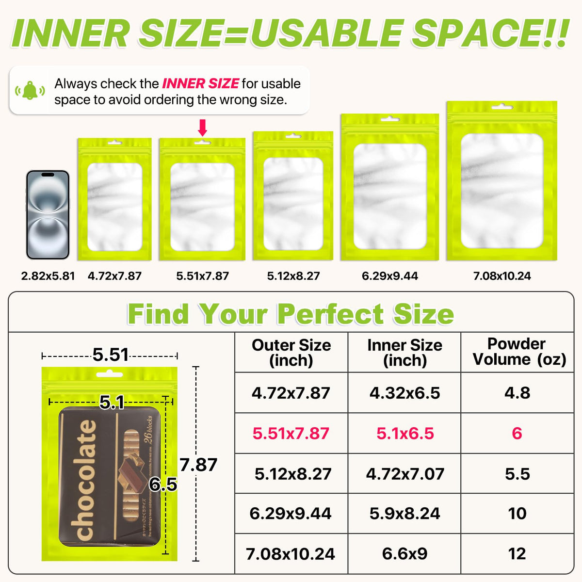 ANZNKU 100Pcs Green Mylar Bags, Resealable Smell Proof Zip Goodie Baggies