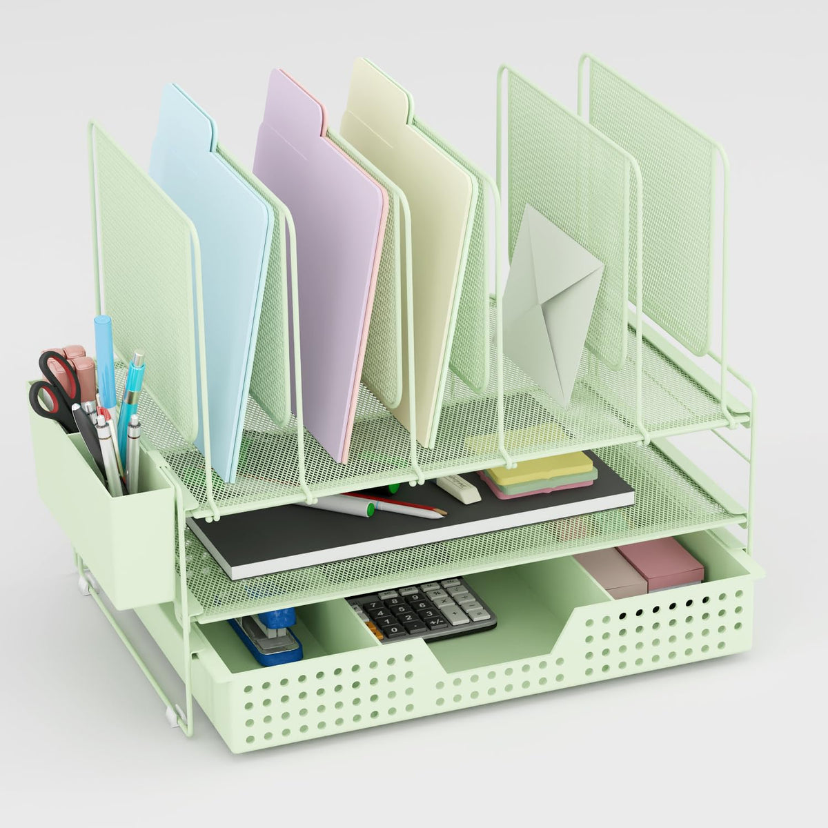 LEKETREE Green Desk Organizer, Office Organization with Vertical File Holder, File Organizer with