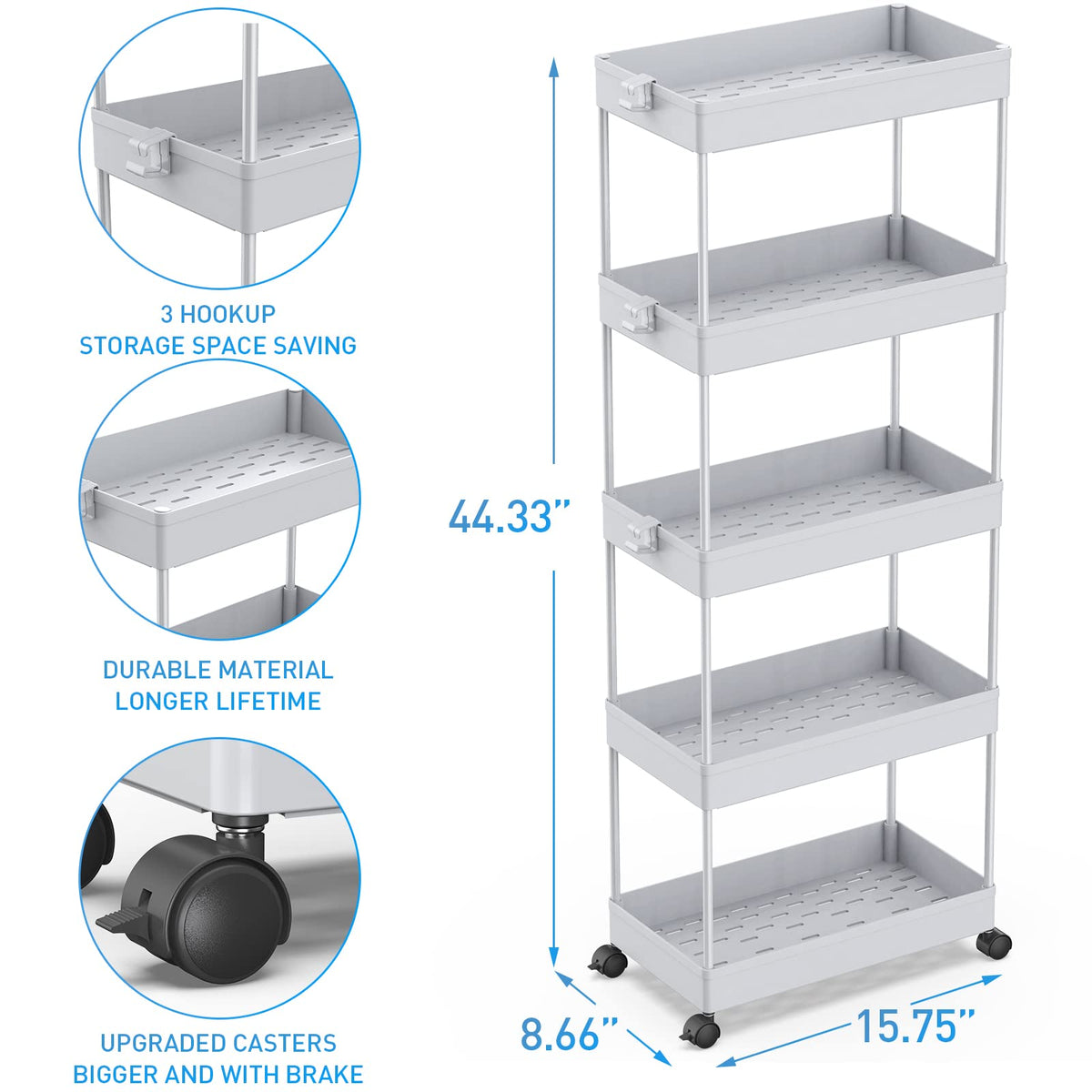 SPACEKEEPER 5 Tier Storage Rolling Cart, Bathroom Cart with Wheels, Gray