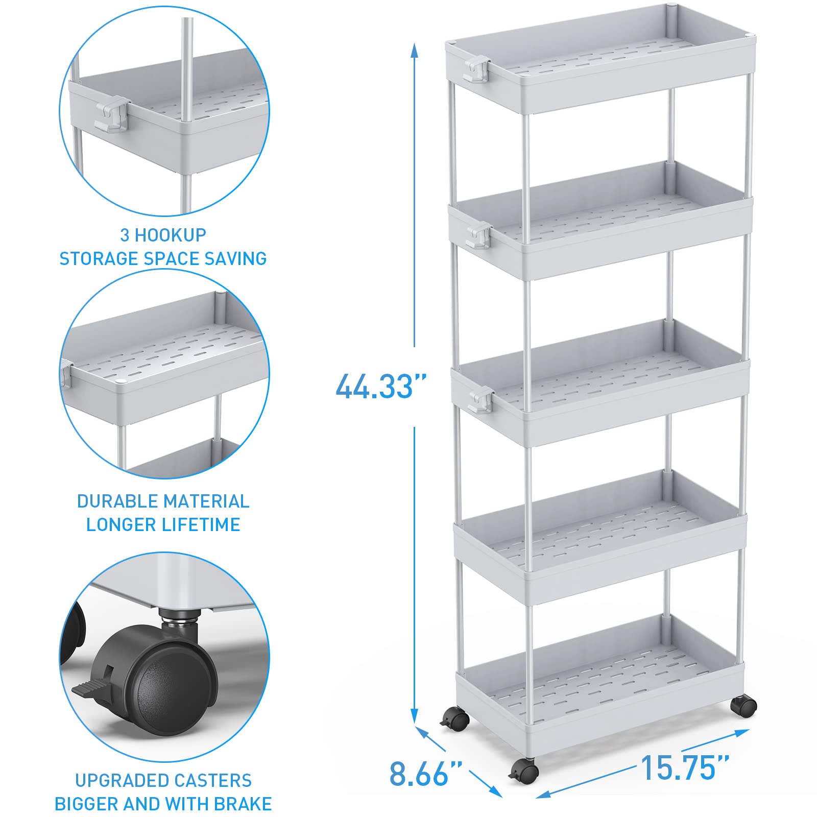 SPACEKEEPER 5 Tier Storage Rolling Cart, Bathroom Cart with Wheels, Gray